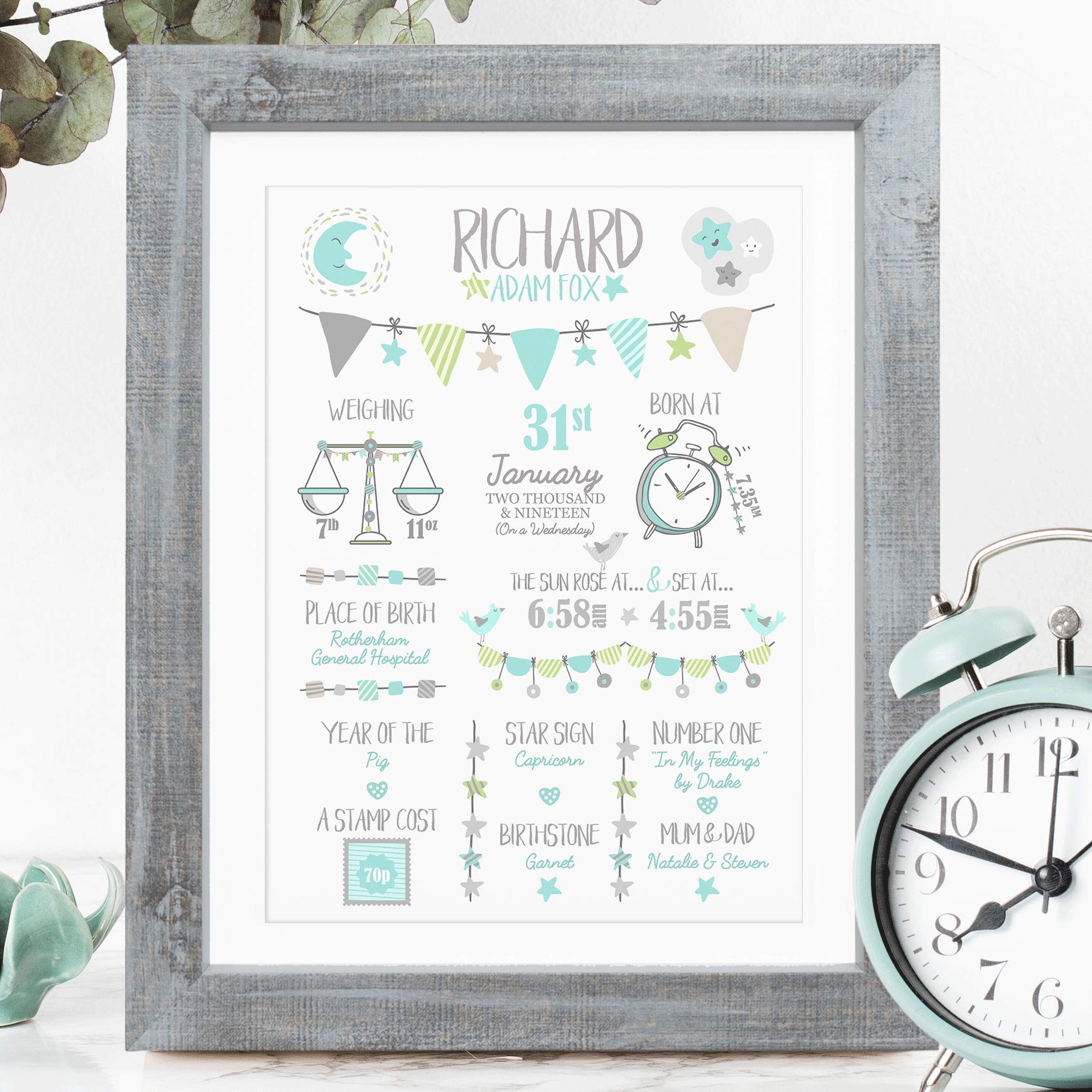 The Whistling Wren - Personalised Baby Boy Birth Print Picture with Birth Details and Fun Facts. Personalised New Baby Boy Gift. Christening Gift (BOYS PASTELS) - FRAMED or UNFRAMED options.