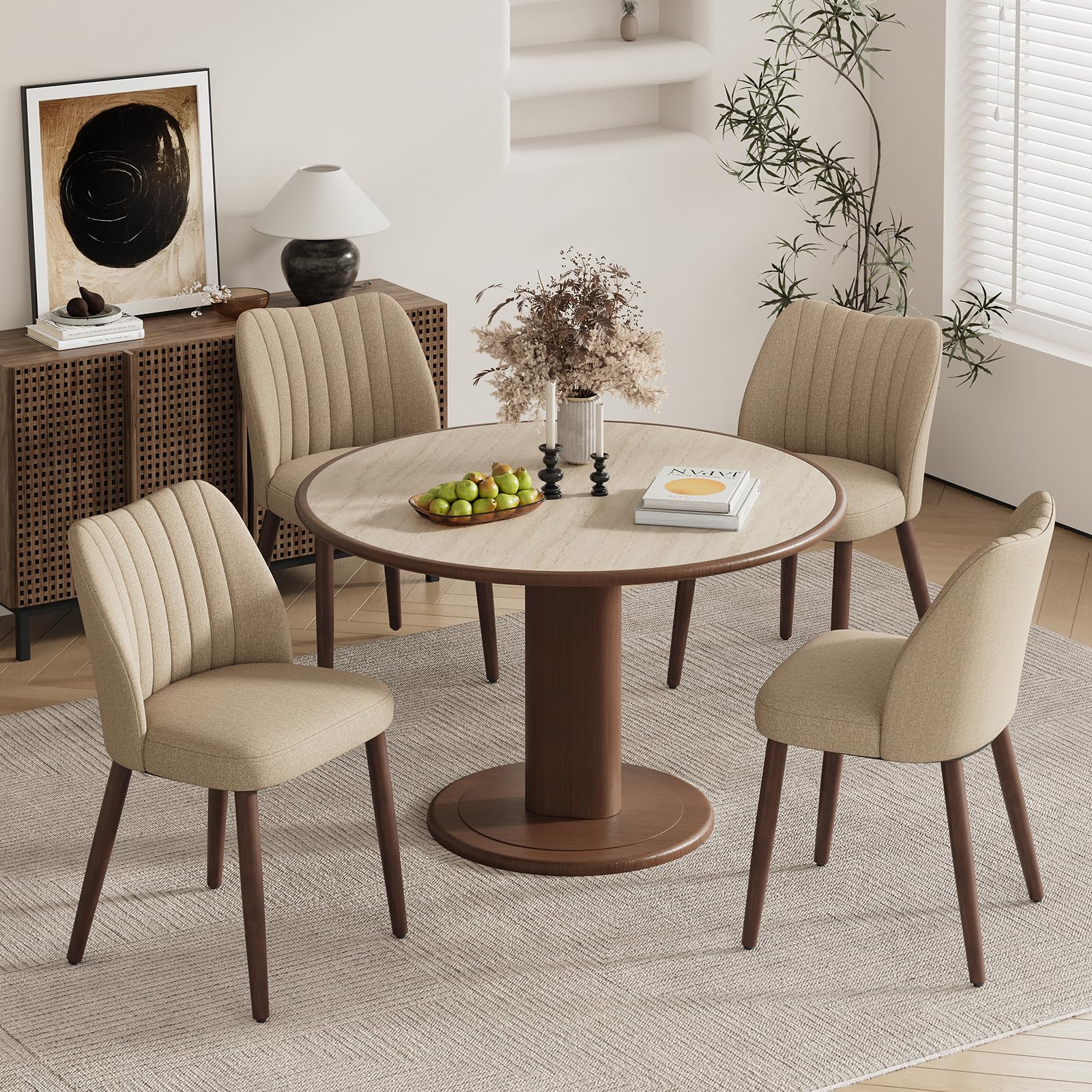 MALOL Upholstered Dining Chairs Set of 4, Fabric Chairs for Dining Room with Solid Wood Legs and Thick Seat Cushion, Modern Kitchen Chair with Anti-Slip Pads, Camel