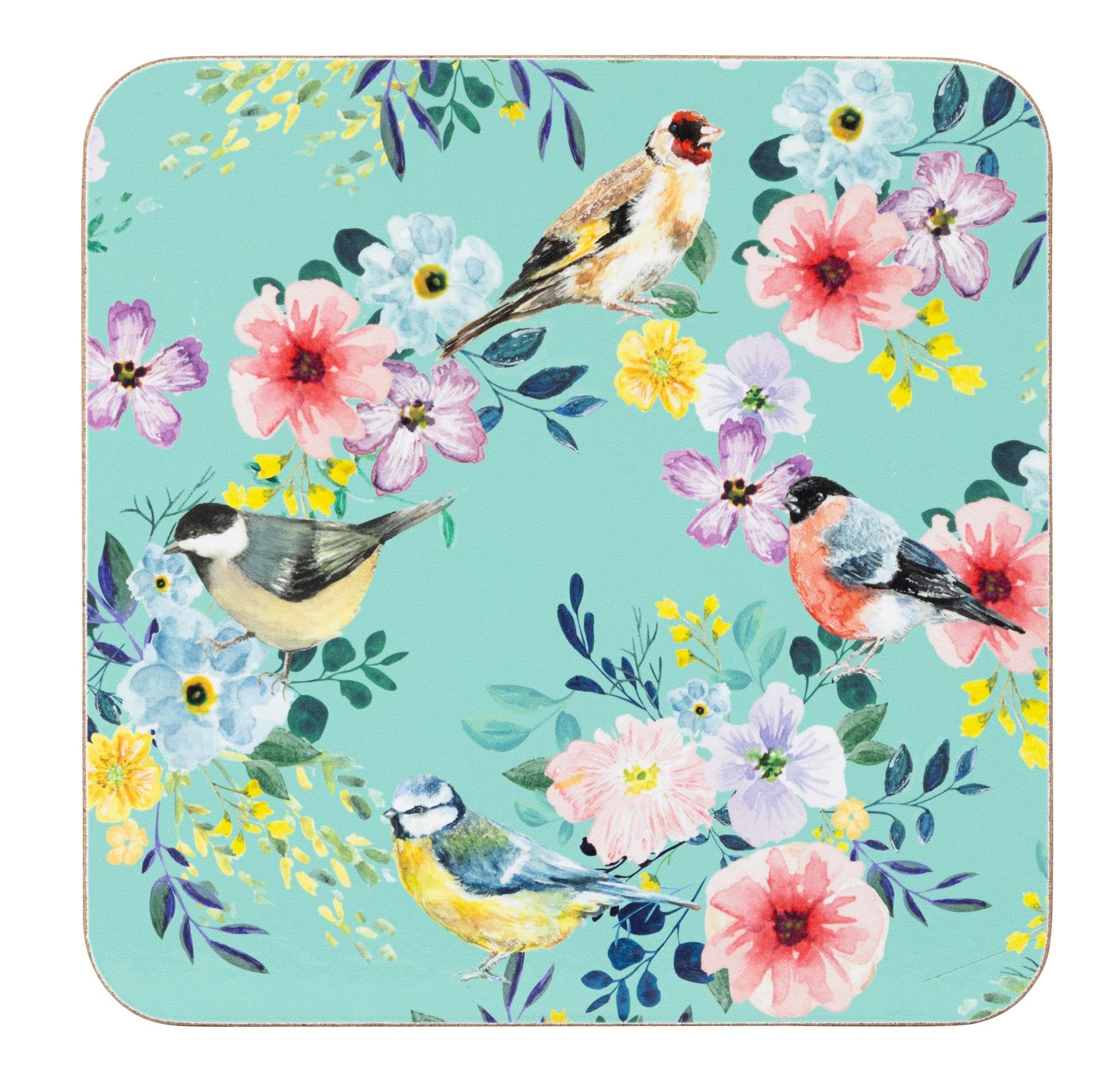 Cork Backed Coasters with Birds and Floral Design, Turquoise Background, Set of 4