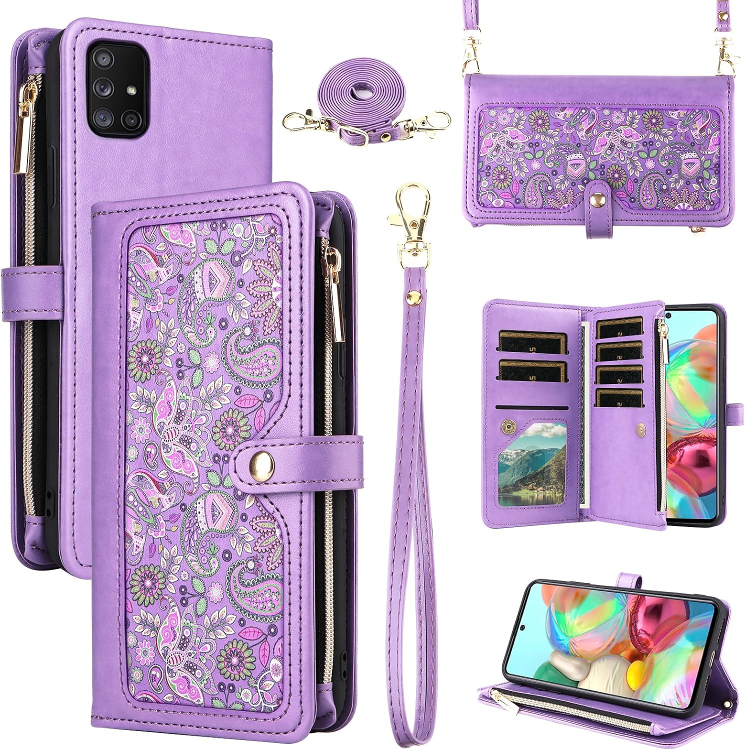 for Samsung Galaxy A71 5G Floral Wallet Case with Wrist Strap Shoulder Strap Zipper Purse, PU Leather Folio Flip Credit Card Holder Stand Cell Phone Cover for A 71 G5 71A S71 Women Men Purple