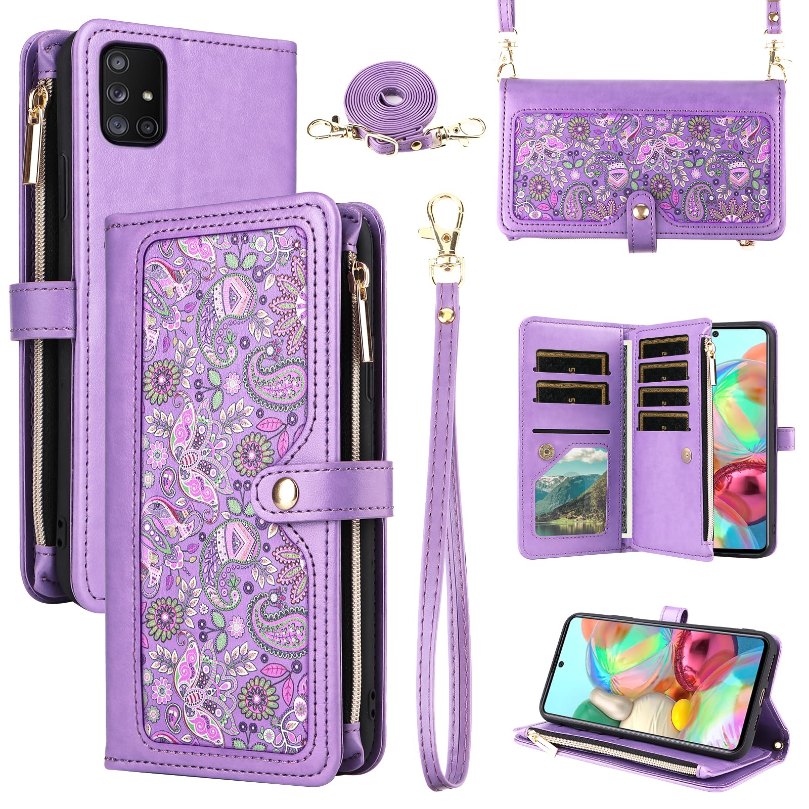 Dswteny for Samsung Galaxy A71 4G Floral Wallet Case with Wrist Strap Shoulder Strap Zipper Purse, PU Leather Folio Flip Credit Card Holder Stand Cell