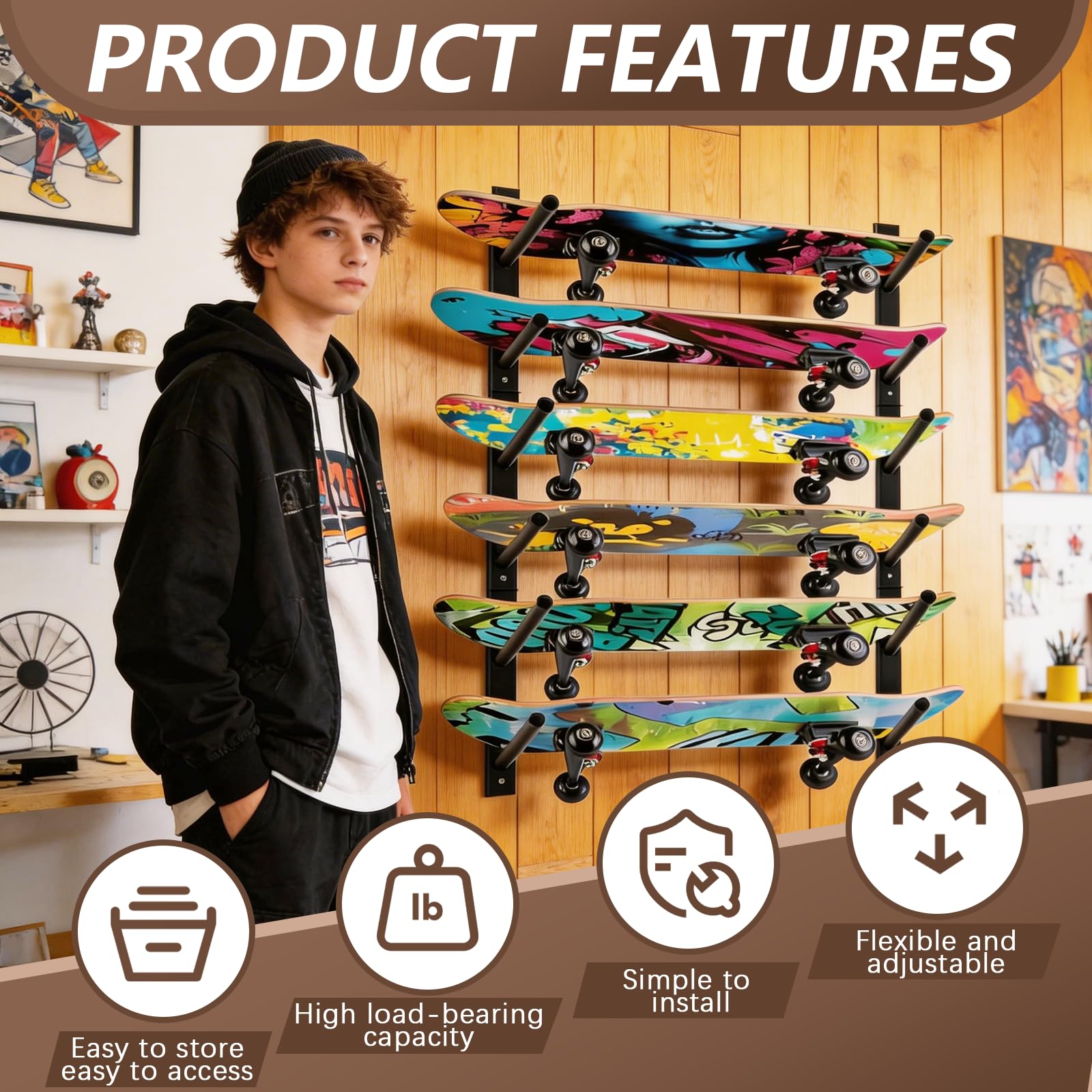 Soporte De Pared Para Monopatines, 6 Niveles, Acero Negro, Universal Para Longboards, Snowboards Y Wakeboards