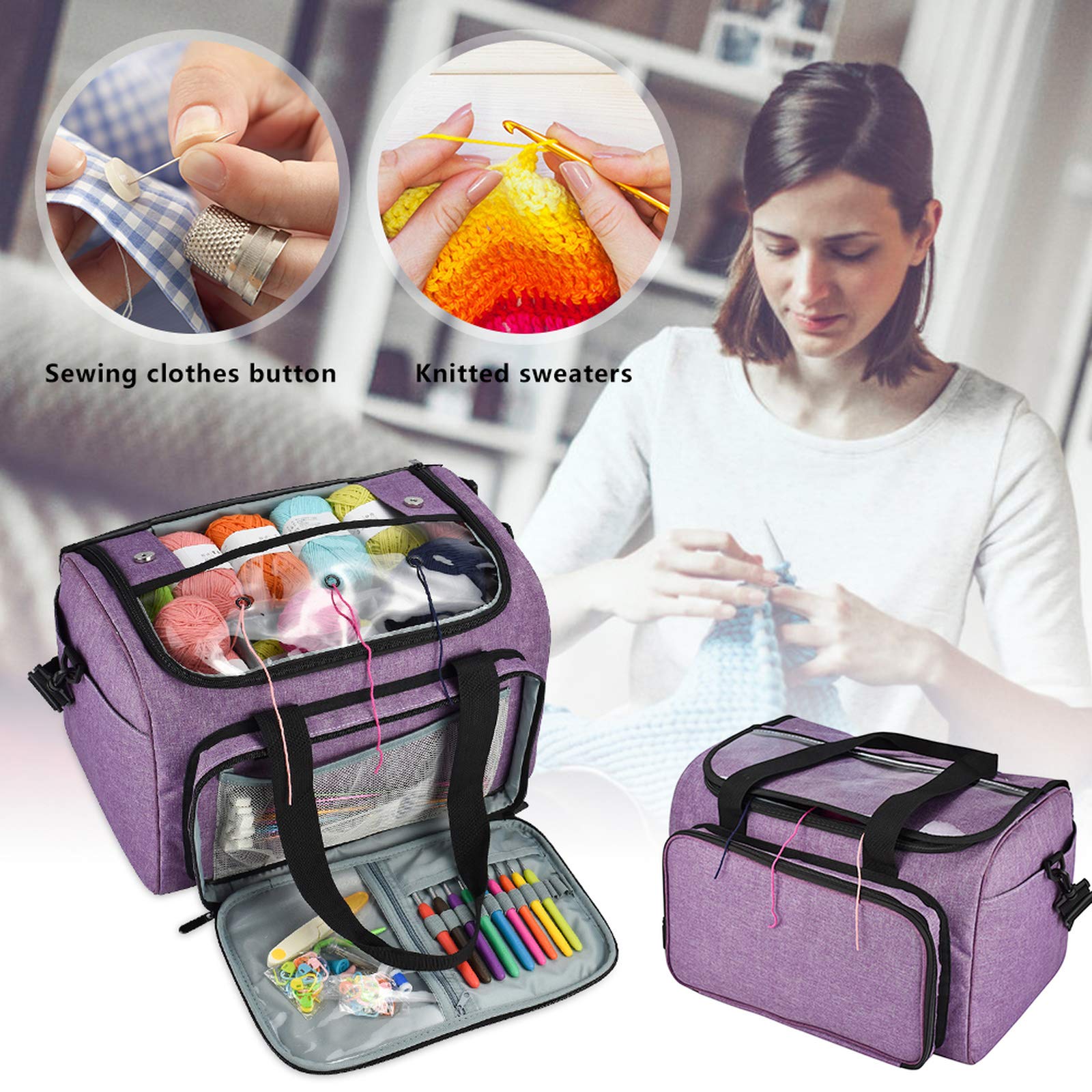 Bolsa de almacenamiento para tejer, portátil, para mujer, de lana, ganchillo, ganchillo, para hilo de hilo, organizador de costura, bolsa de punto (morado)