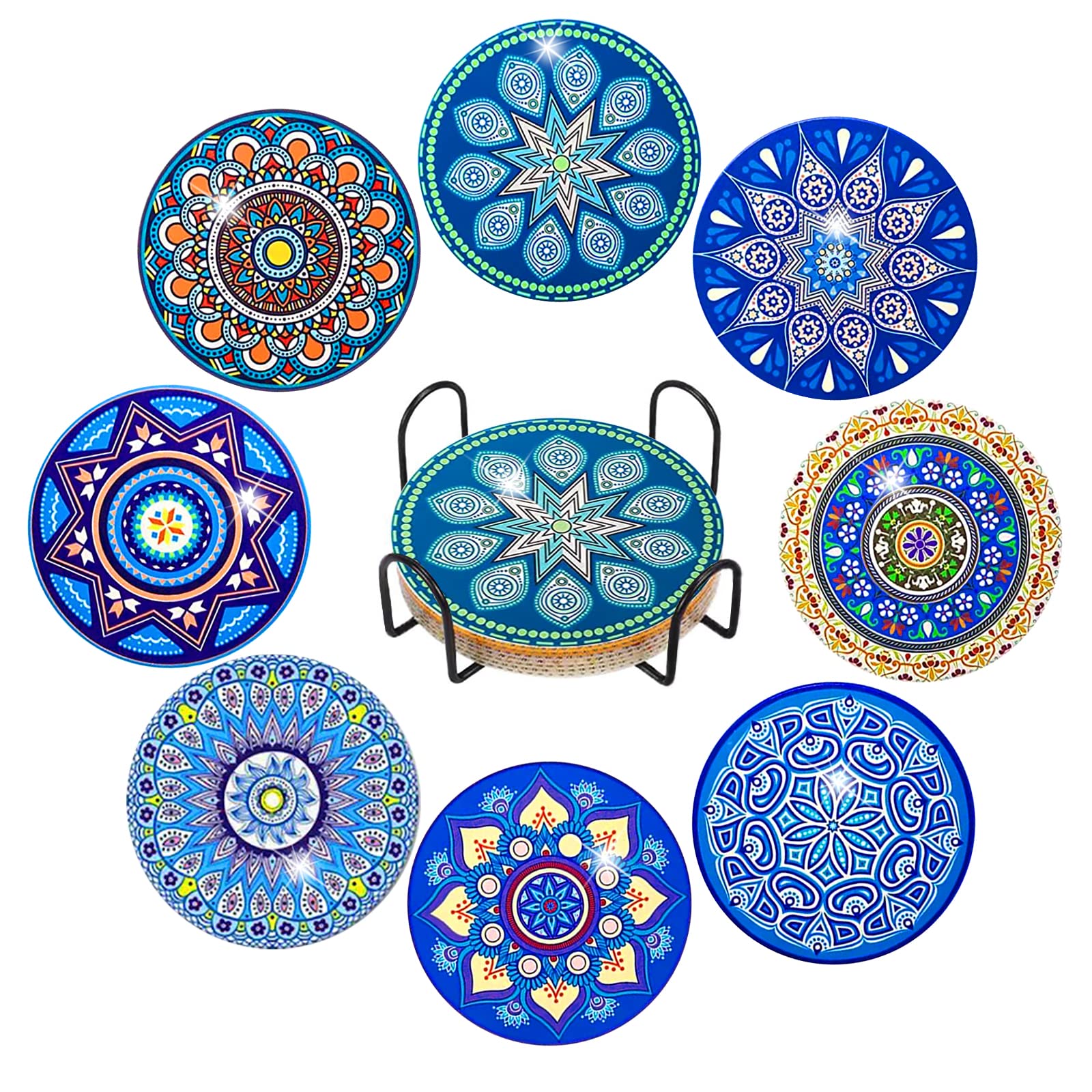 Juego De 12 Posavasos Absorbentes Con Diseño Mandala DIY - Incluye Diamantes, Soporte Y Herramientas - Ideal Para Decoración Y Regalo