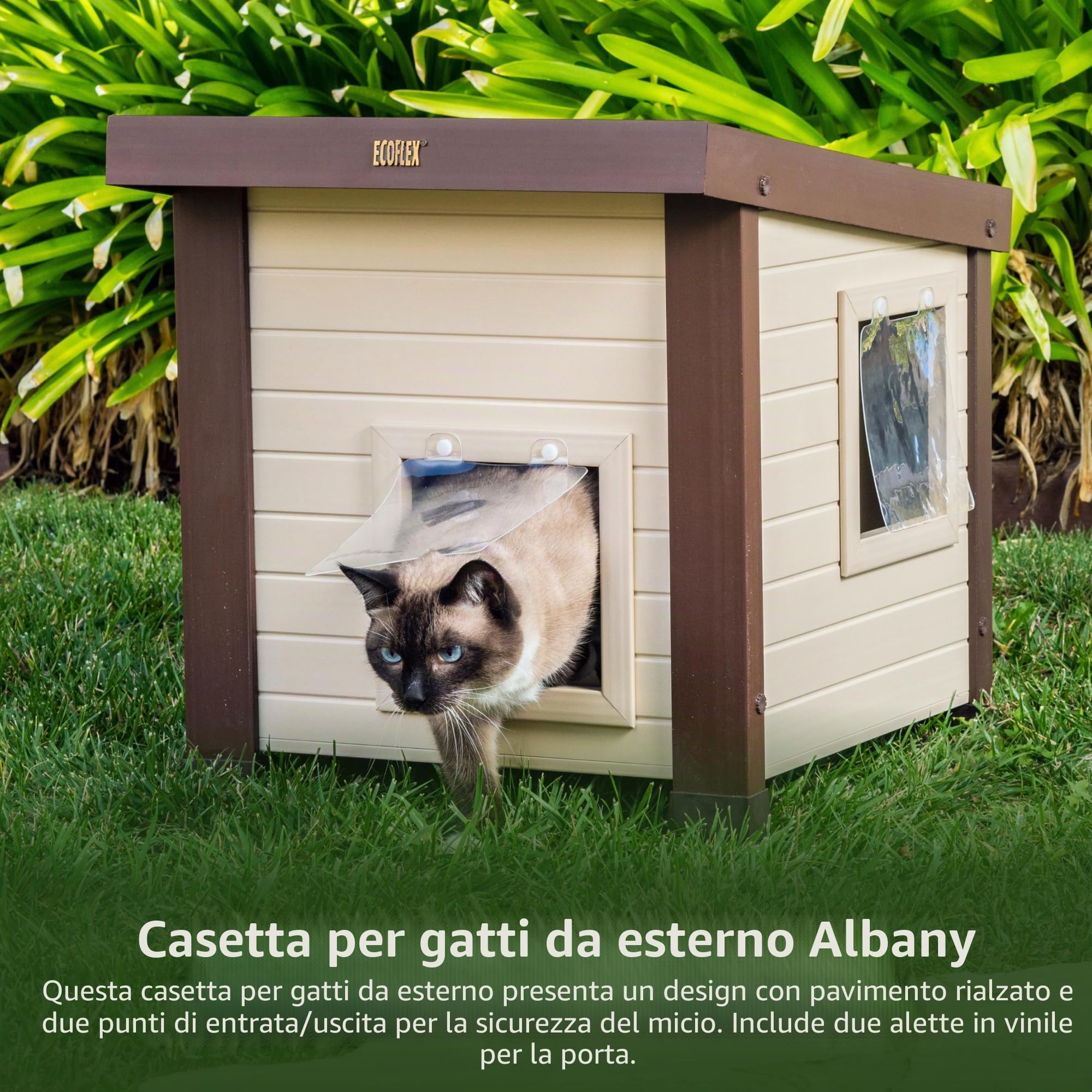 New Age Pet® ECOFLEX® Albany, Casetta per Esterni per Diversi Gatti Selvatici, Facile e Veloce da Montare, con 2 sportelli in Vinile, Resistente all'umidità e agli odori