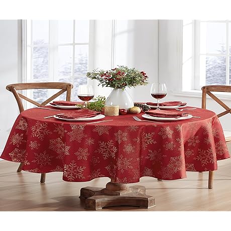 Oval Christmas Tablecloths: Newbridge Fancy Metallic Snowflake No-Iron Holiday Tablecloths