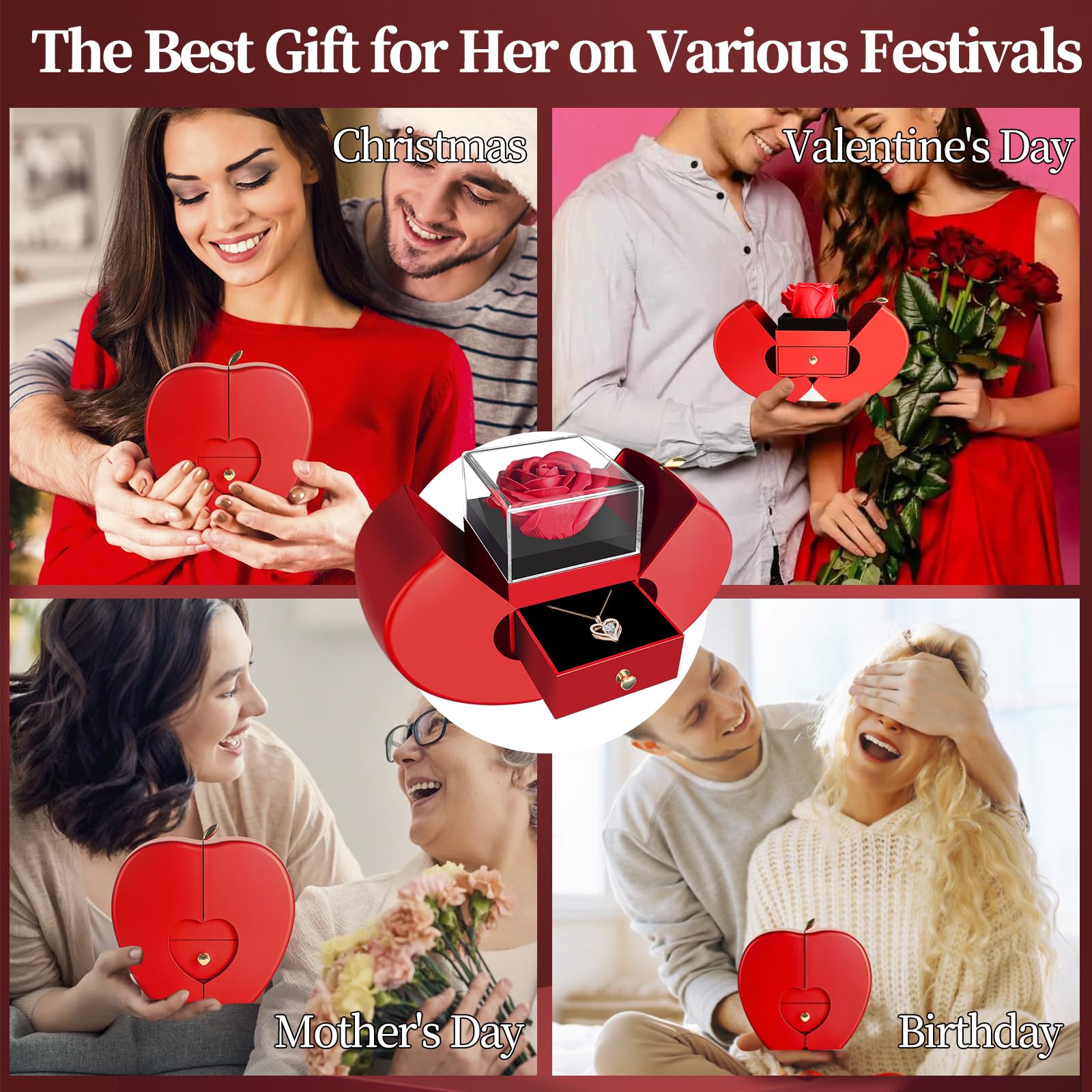 Collar de rosa roja eterna con corazón, regalos para madre, novia, mujer, esposa, abuela para Navidad, día de San Valentín, día de la madre, cumpleaños, aniversario, día de Acción de Gracias