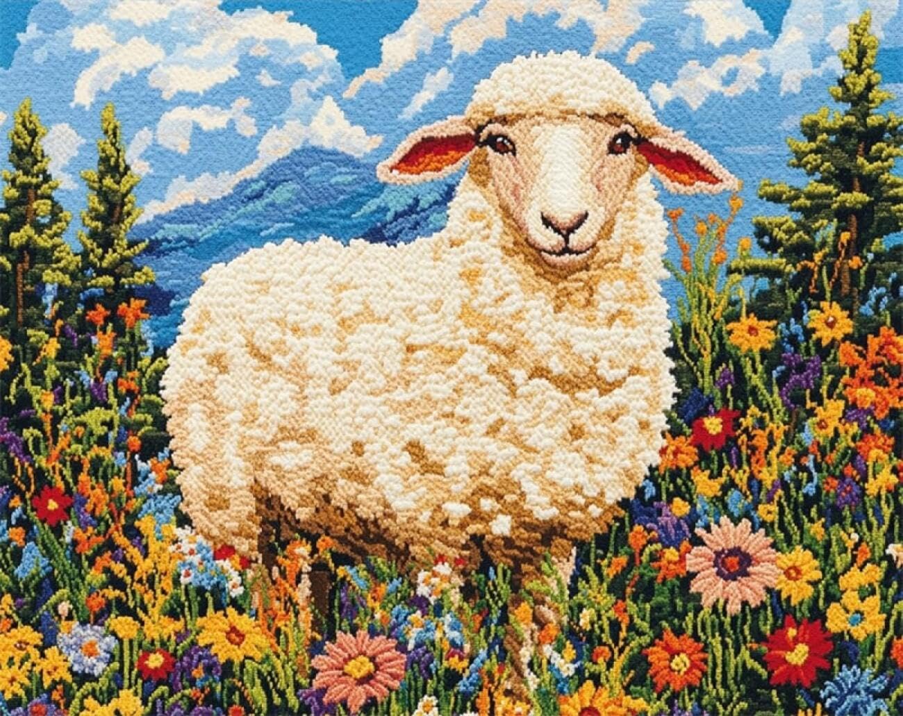 AxiangziK DIY Stamped Cross Stitch Kits Sheep and Flowers 11CT 40x50cm