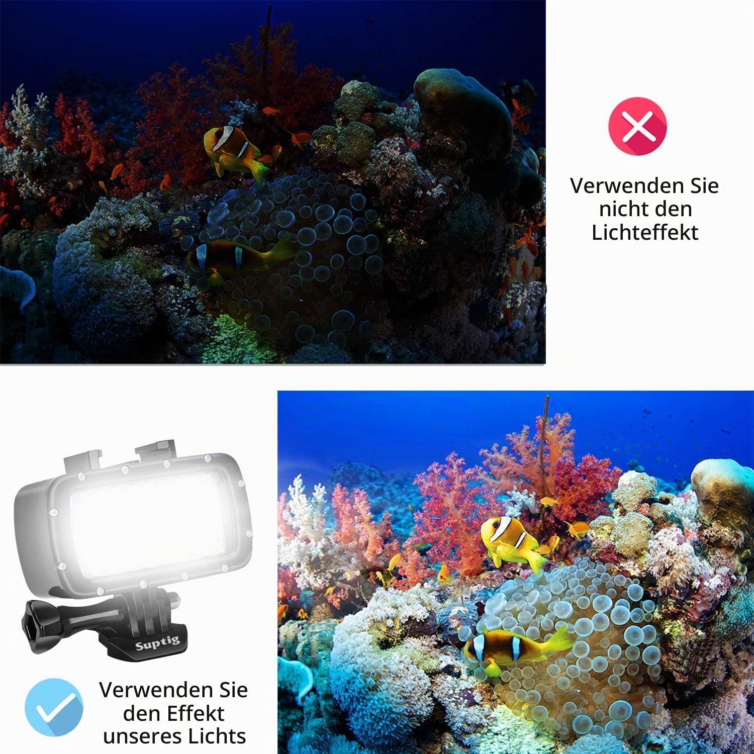 Suptig 30 LED-Video-Licht, wasserdicht, Unterwasser-Licht, kompatibel mit GoPro Hero 13/Hero 12/11/10/9/8/7/6/5/4/3/3+ Hero Session und Canon, Nikon Sony Spiegelreflexkameras, wasserdicht 55 m