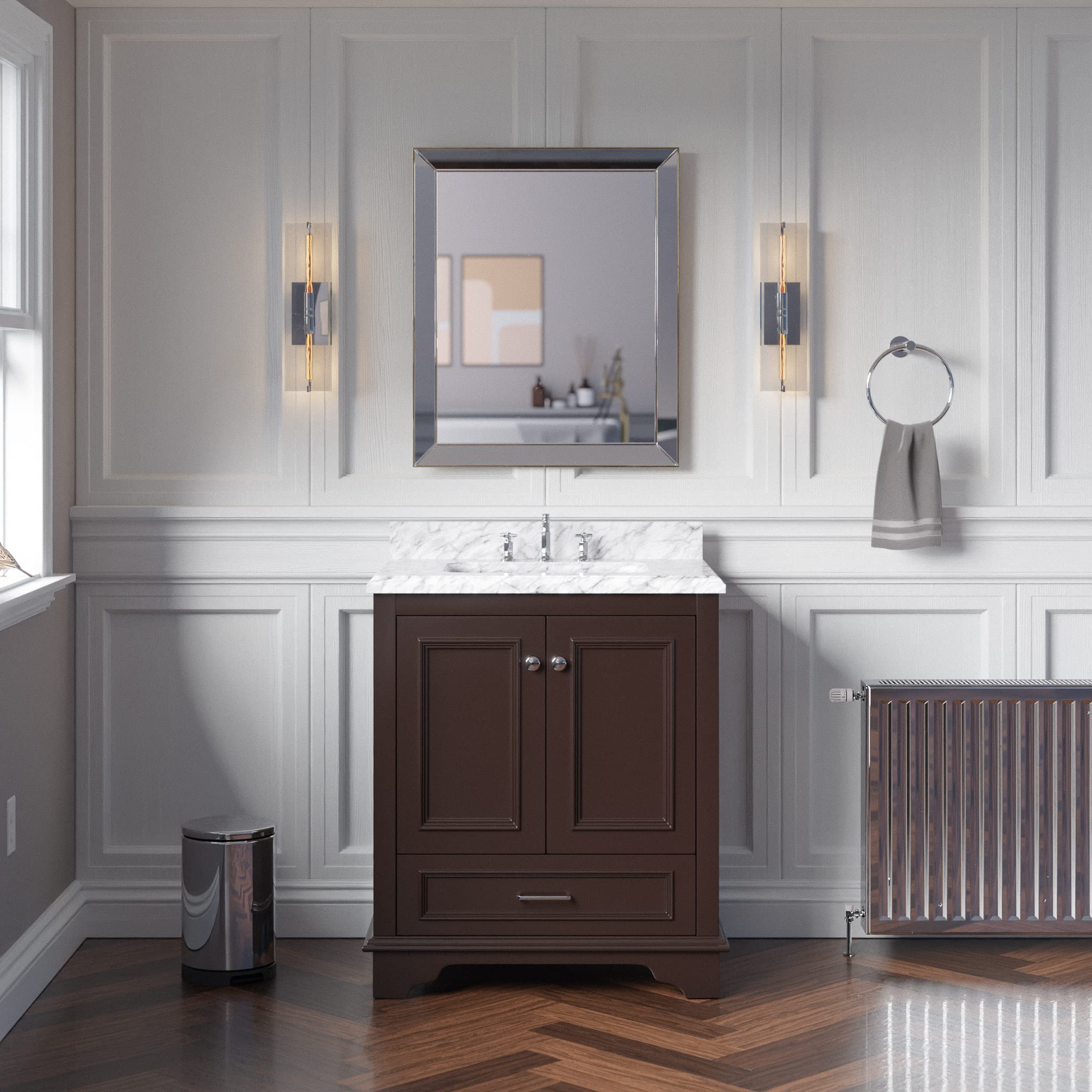 Nantucket 30-inch Bathroom Vanity (Carrara/Chocolate): Includes Chocolate Cabinet with Authentic Italian Carrara Marble Countertop and White Ceramic