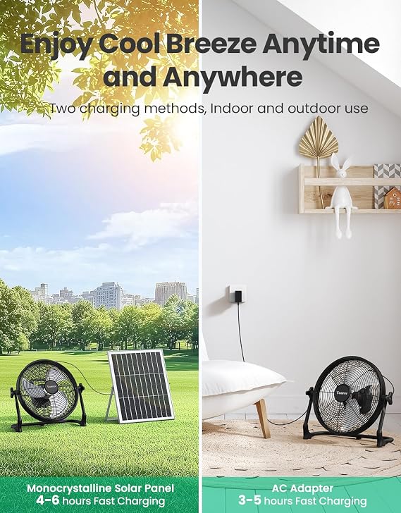14 Portable Battery Operated Solar Fan, Rechargeable Floor Fan, Hi-Velocity Cordless Camping Fan, USB Phone Charge, 12-60H Runtime, Quiet, Wireless, For Travel Shed Outdoor Home Garage Tent Car Barn