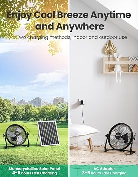 14 Portable Battery Operated Solar Fan, Rechargeable Floor Fan, Hi-Velocity Cordless Camping Fan, USB Phone Charge, 12-60H Runtime, Quiet, Wireless, For Travel Shed Outdoor Home Garage Tent Car Barn