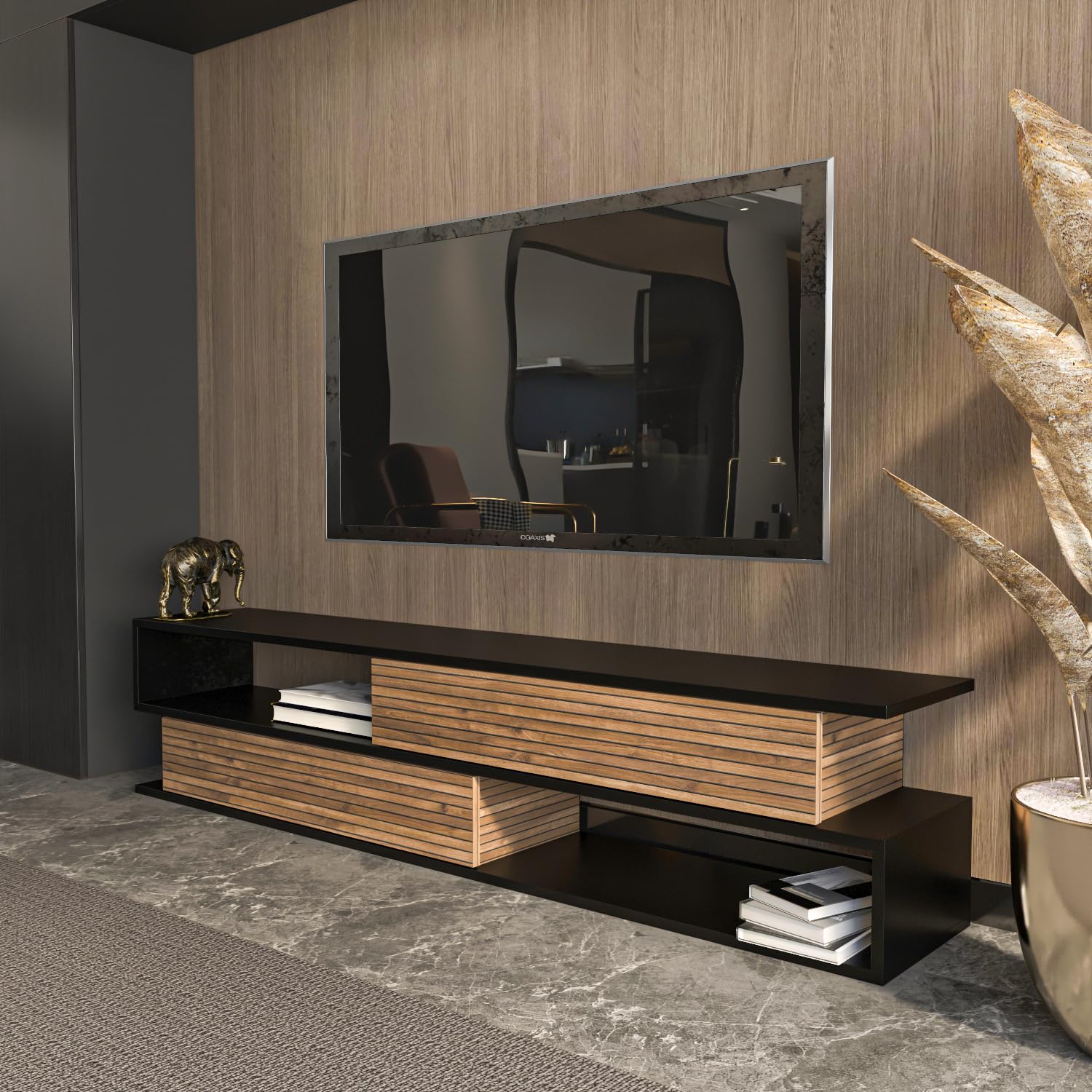 DECOROTIKA Meuble TV Cortez 160 cm avec 2 armoires et 2 niches - Noir et Effet Alina
