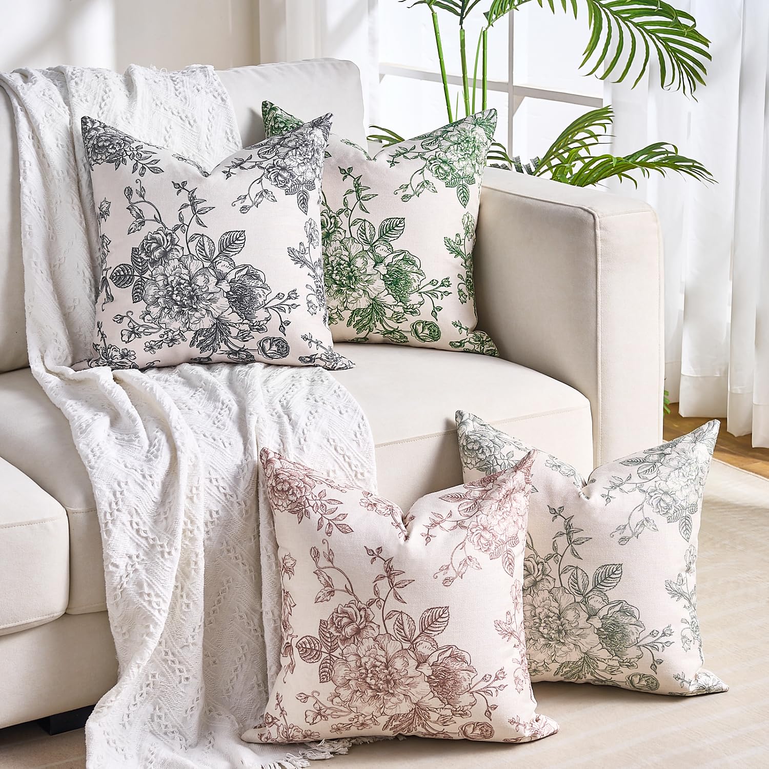 Housses De Coussin Déco 40x40 Cm - Lot De 2 - Imprimé Fleur Noir Et Blanc - Imperméable - Pour Canapé, Jardin, Terrasse