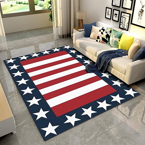 Miniatura 3 de LHOMKCV Alfombra de área del Día Patriótico Americano, 5 x 6 pies, alfombra moderna geométrica y de retazos de estrellas, tapete de diseño de borde,