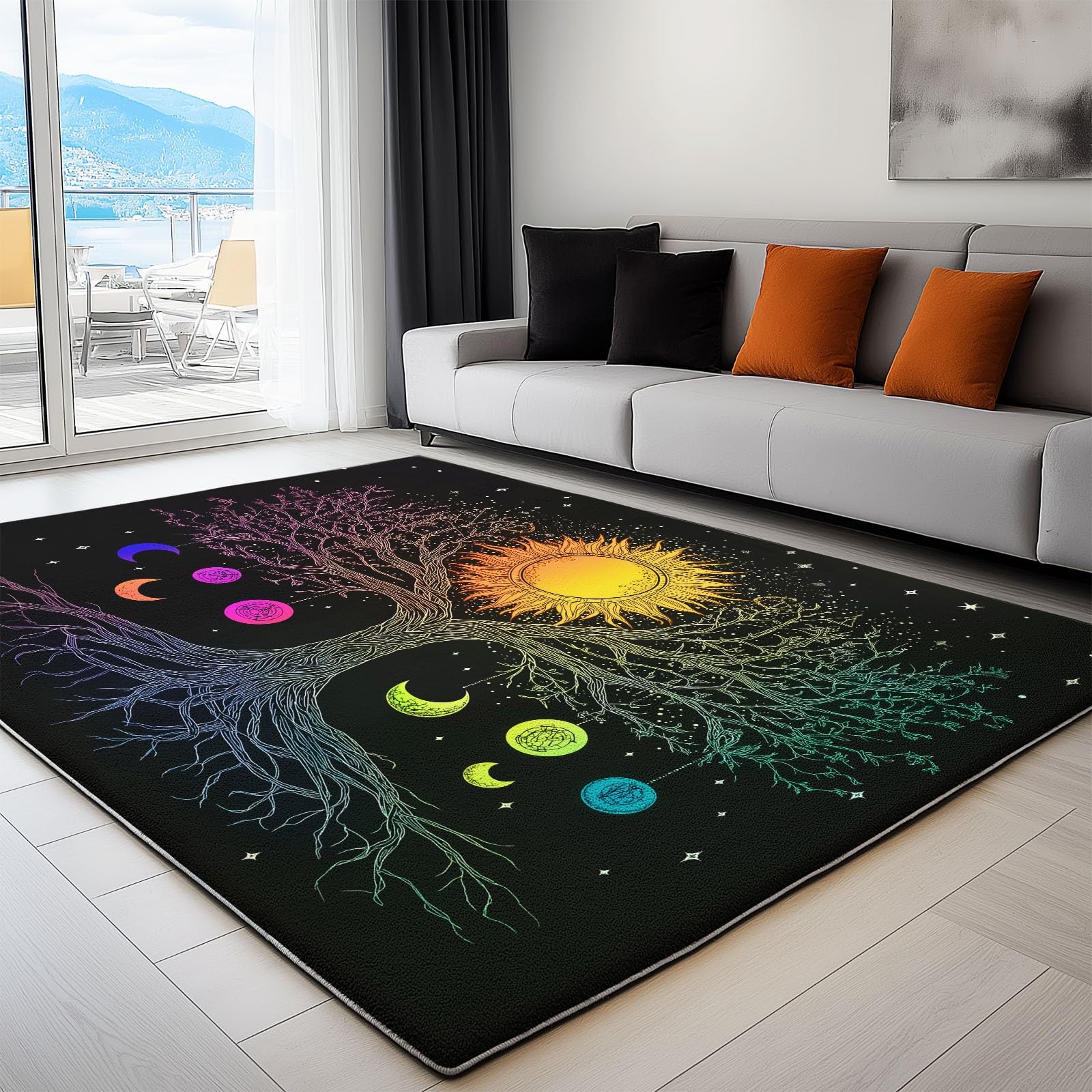 160 x 230 cm Dywan można prać w pralce, tajemnicze, gwiaździste niebo, rośliny, drzewa, bezpieczny antypoślizgowy dywanik flanelowy do pokoju dziecięcego, salonu i łazienki - łatwy do czyszczenia