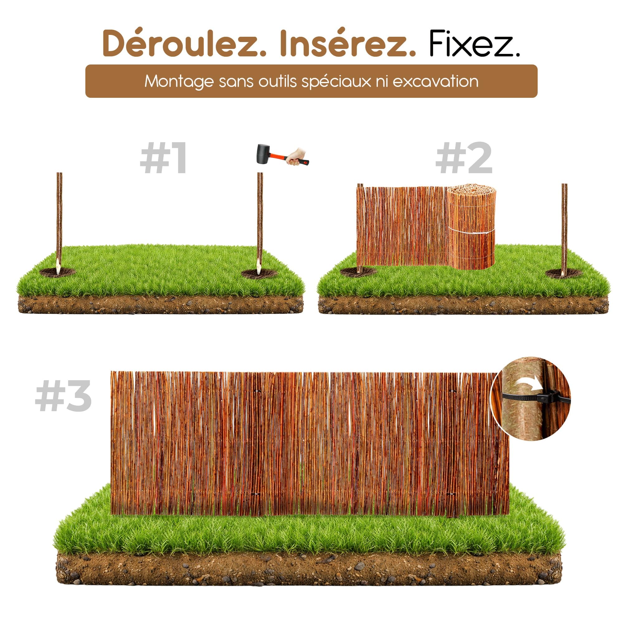 BOOGARDI Bordure de Jardin en Bois 1x - Clôture Basse en Osier, Hauteur 30 cm x Longueur 3 m - Bordure pelouse Flexible, séparation pour Massif, Potager, Arbre, Style Naturel