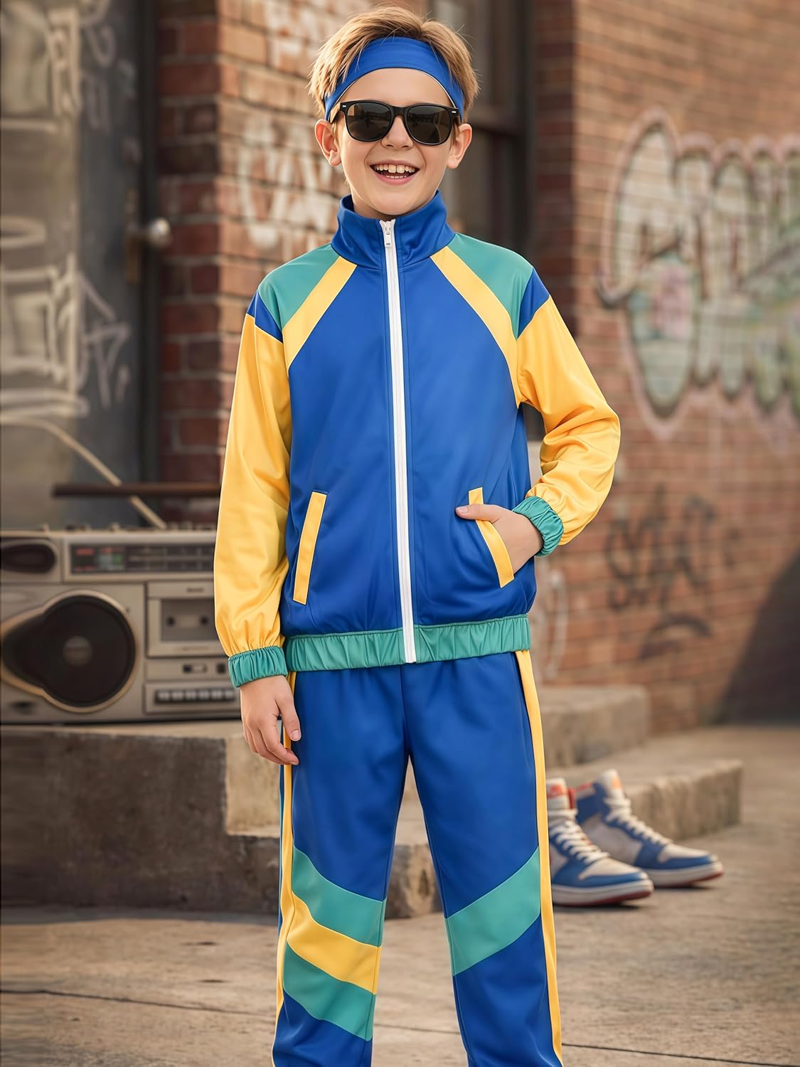 Kids 80s Tracksuit Hip Hop Costume Retro Sportswear Sets 80s Colorblock Jacket Outfits for Boys Girls - Image 3