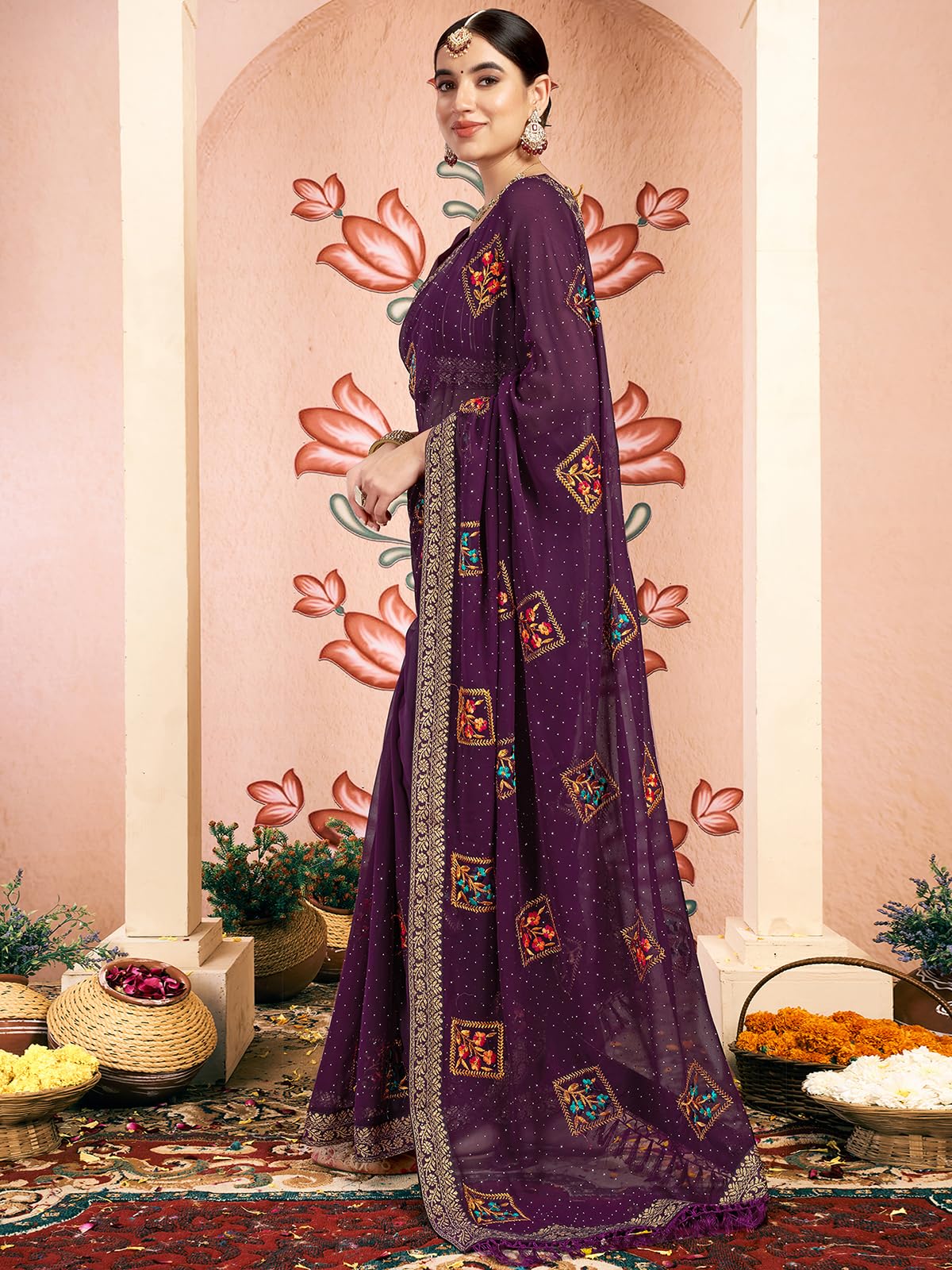 Satrani Women's Georgette Embroidery & Stone Work Saree With Unstitched Blouse Piece (4064S2816N_Dark Purple)