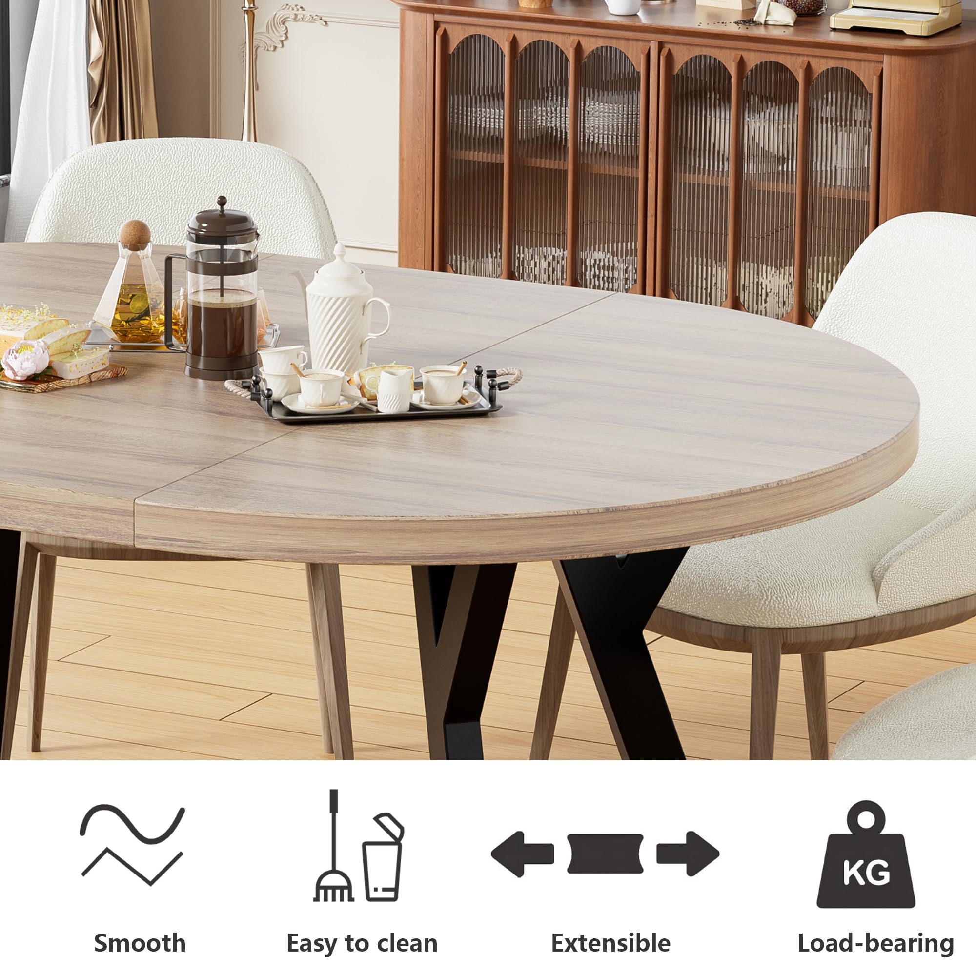 MSFE Tavolo da Pranzo, Tavolo Rotondo Allungabile per 4-6 Persone, 100-140 cm, Tavolo da Cucina con Gambe a Croce in Acciaio e Piano in Legno per spazi multifunzionali
