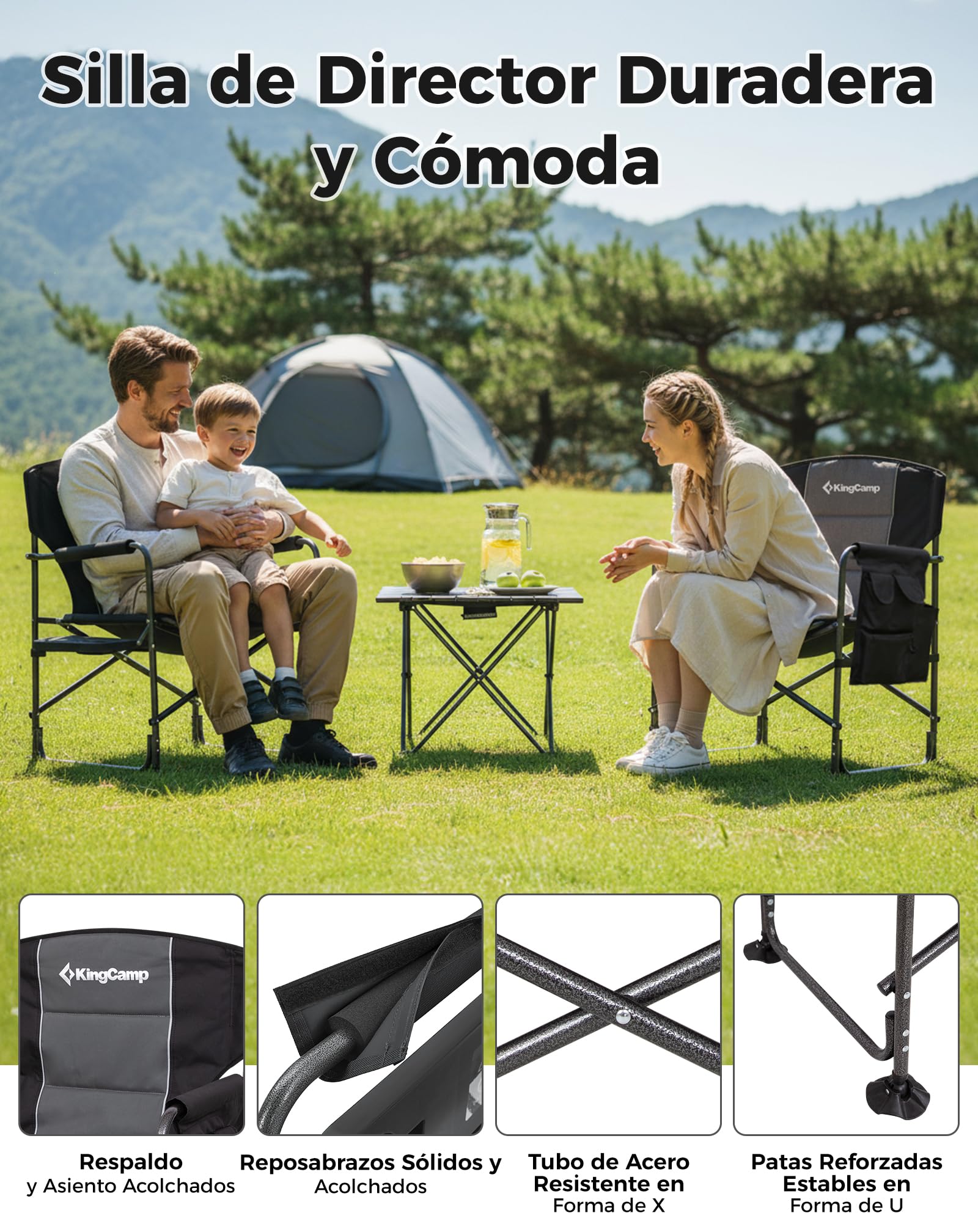 KingCamp Silla de Director Camping Plegable, hasta 200 kg | Silla de Camping Plegable Acolchada para Adultos, Mesa Lateral y Bolsillos Laterales, Silla Portátil de Pesca Camping Jardín