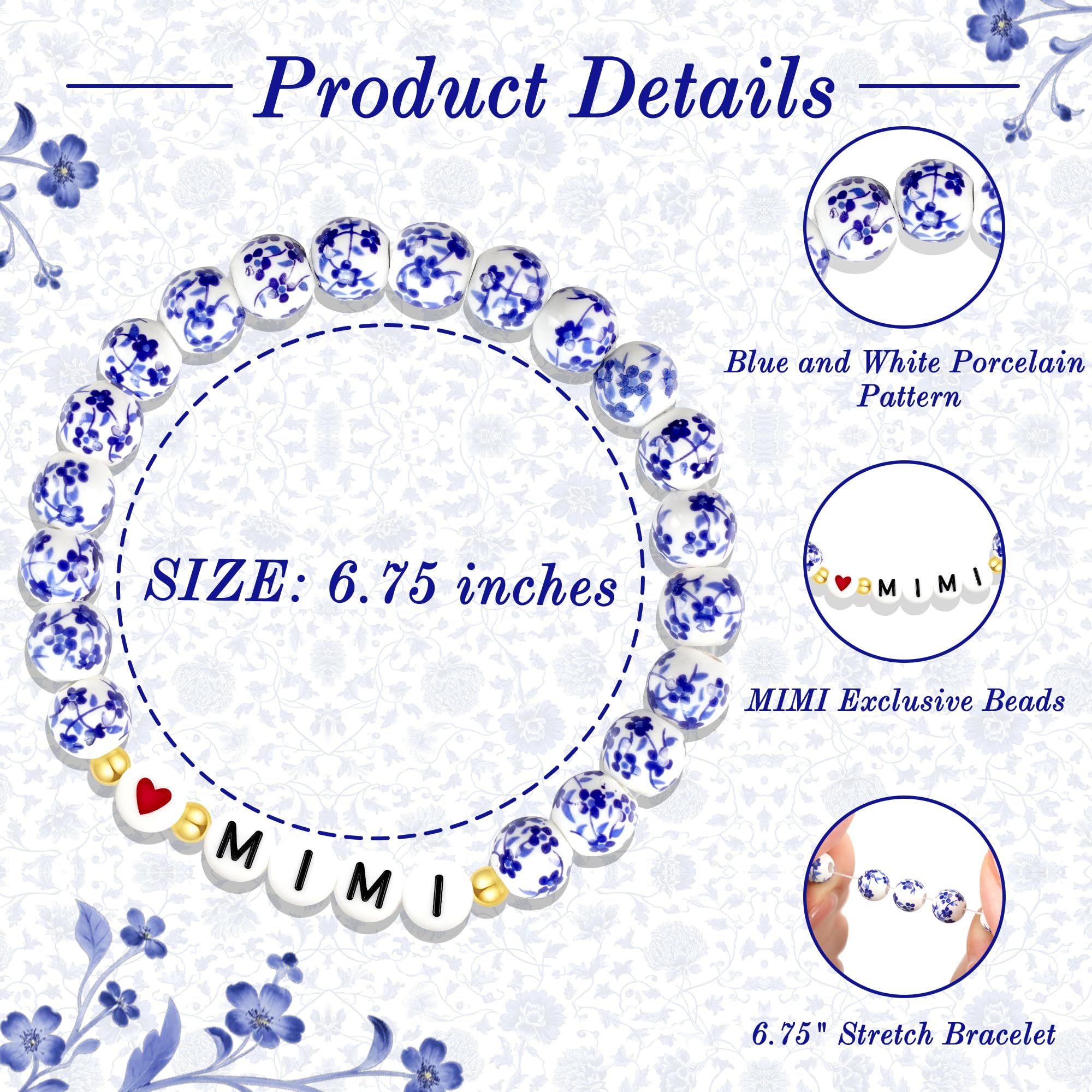 Sereney Mimi/Gigi/Nana/New Mom Gifts, Mimi/Gigi/Nana/New Mom Bracelet as Birthday Gift for Grandmother Great-grandmother Mother-in-law Mama, Bule and White Porcelain Stretch Bead Bracelet for Women
