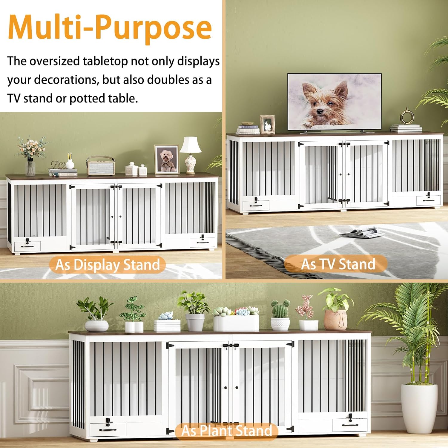 Furniture Style Large Dog Crate for 2 Dogs, 86.6" Heavy Duty Wooden Dog Kennel with Dog Bowl Drawers & Divider, Indoor Furniture Style Dog Kennel for Large Medium Dogs, White