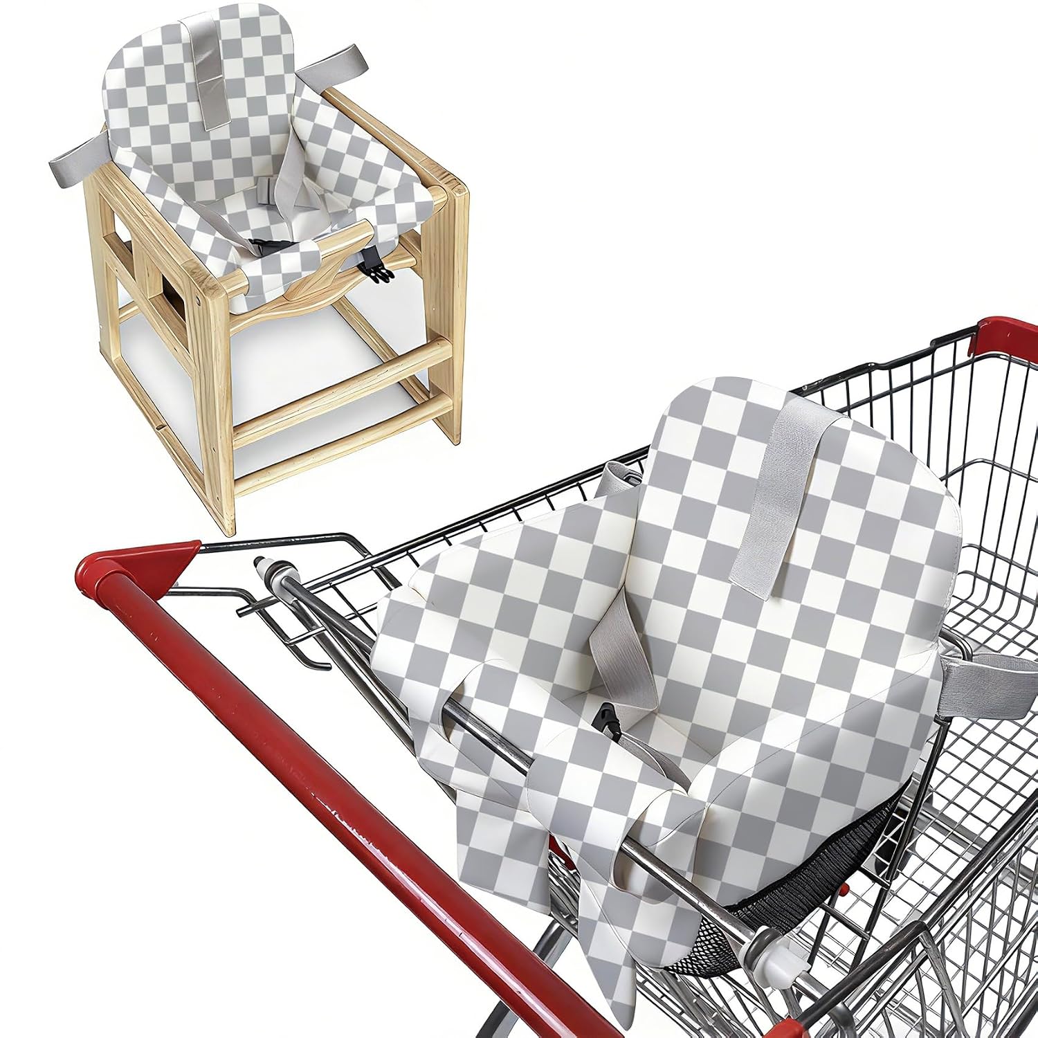 Shopping Cart Cover for Baby &High Chair Cover, Padded with Detachable Strap & Thigh Pad, Machine Washable, Padded Toddler Shopping Cart Cover Grocery Cart Cover(Checkered)