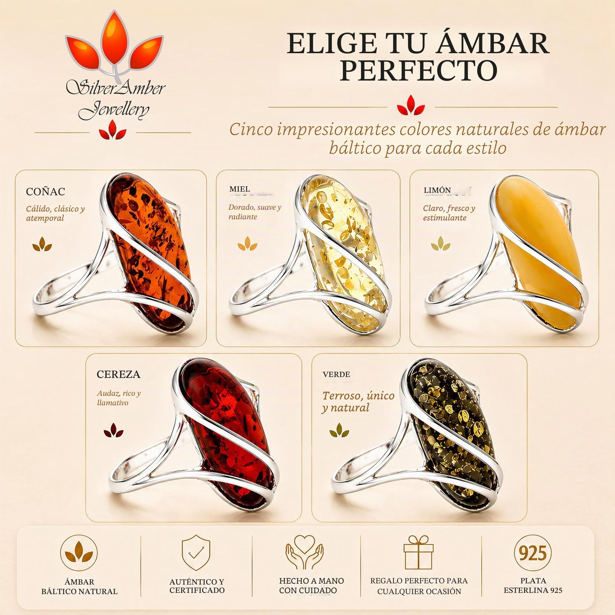 Anillo ajustable grande de plata de ley 925 y ámbar báltico - GL423