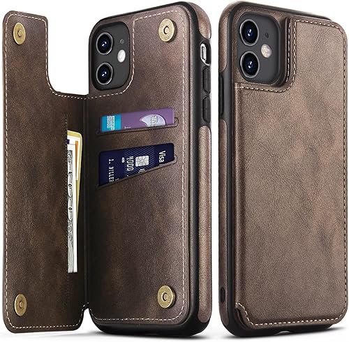 Funda tipo cartera con tarjetero de cuero de lujo para iPhone 11, ranuras para tarjetas, doble cierre magnético, a prueba de golpes, 6.1 pulgadas
