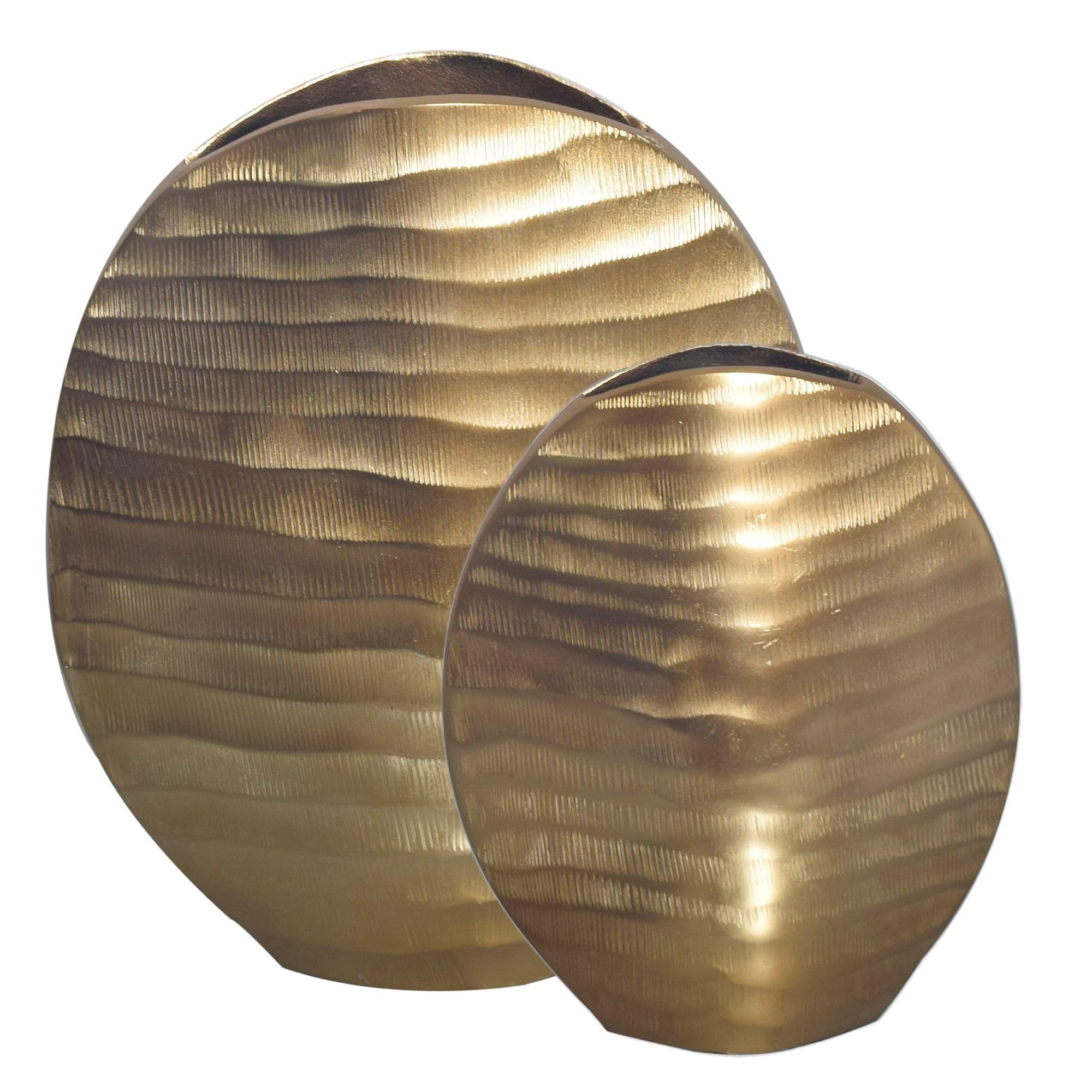 FineBuy Vase 2er Set Aluminium Gold Wellenmuster, Blumenvase | Designvasen in 2 Größen, Tischvasen handgefertigt, Wohndeko für Wohnzimmer, Sideboard und Esstisch, Tischdeko