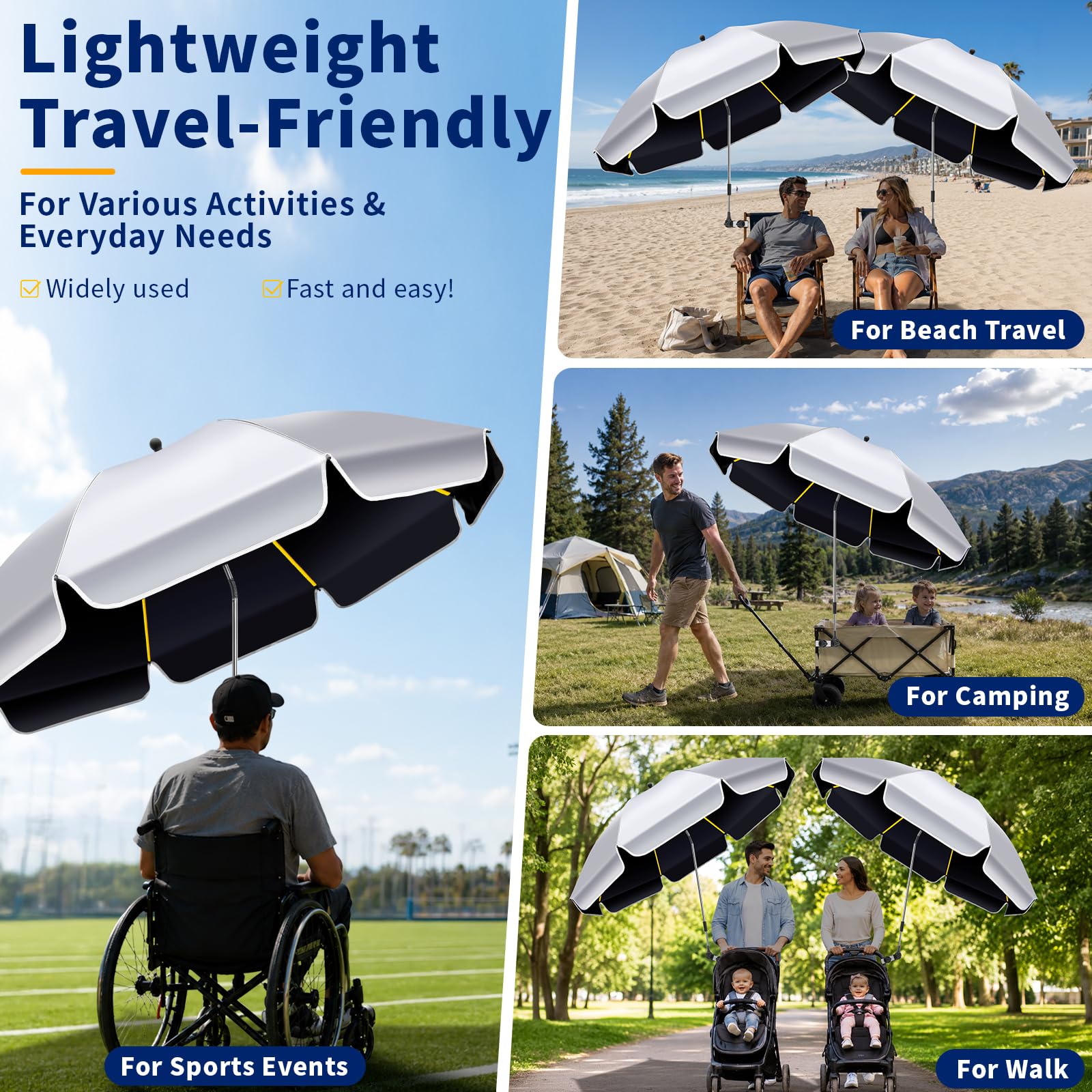 Sonnenschirm mit Klemme, LSF 50+, 360° drehbar, tragbar, zum Anklippen, Sonnenschirm für Strandkorb, Camping, Golf, Kinderwagen, Rollstuhl, freihändiger Schatten, 10–15 % zusätzlicher Schatten mit