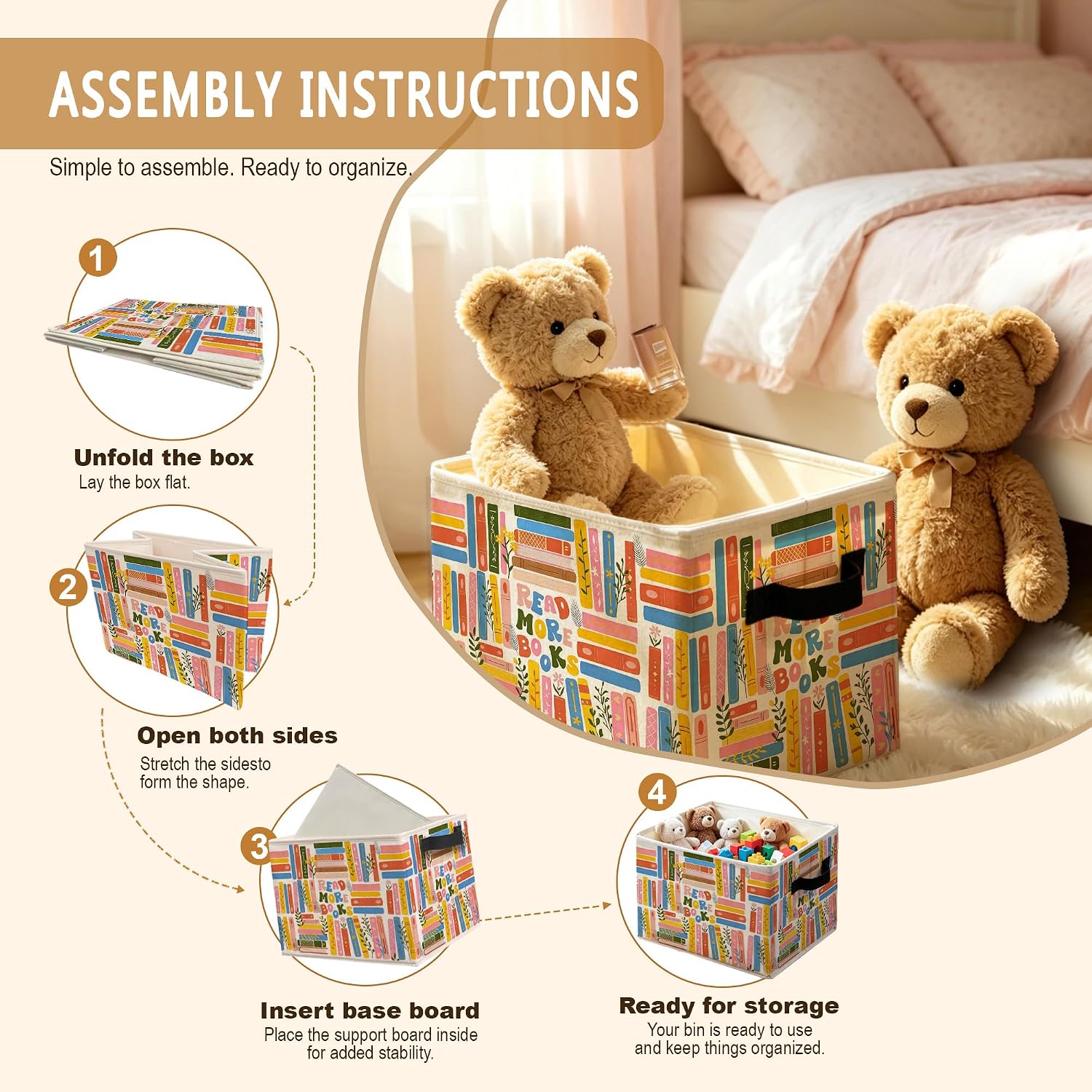 Boho Colorful Bookish Storage Bins Box, Read More Books Bookworm Foldable Storage Basket with Handles for Reading Corner Nook Room Library Home Clothes Books Organizer