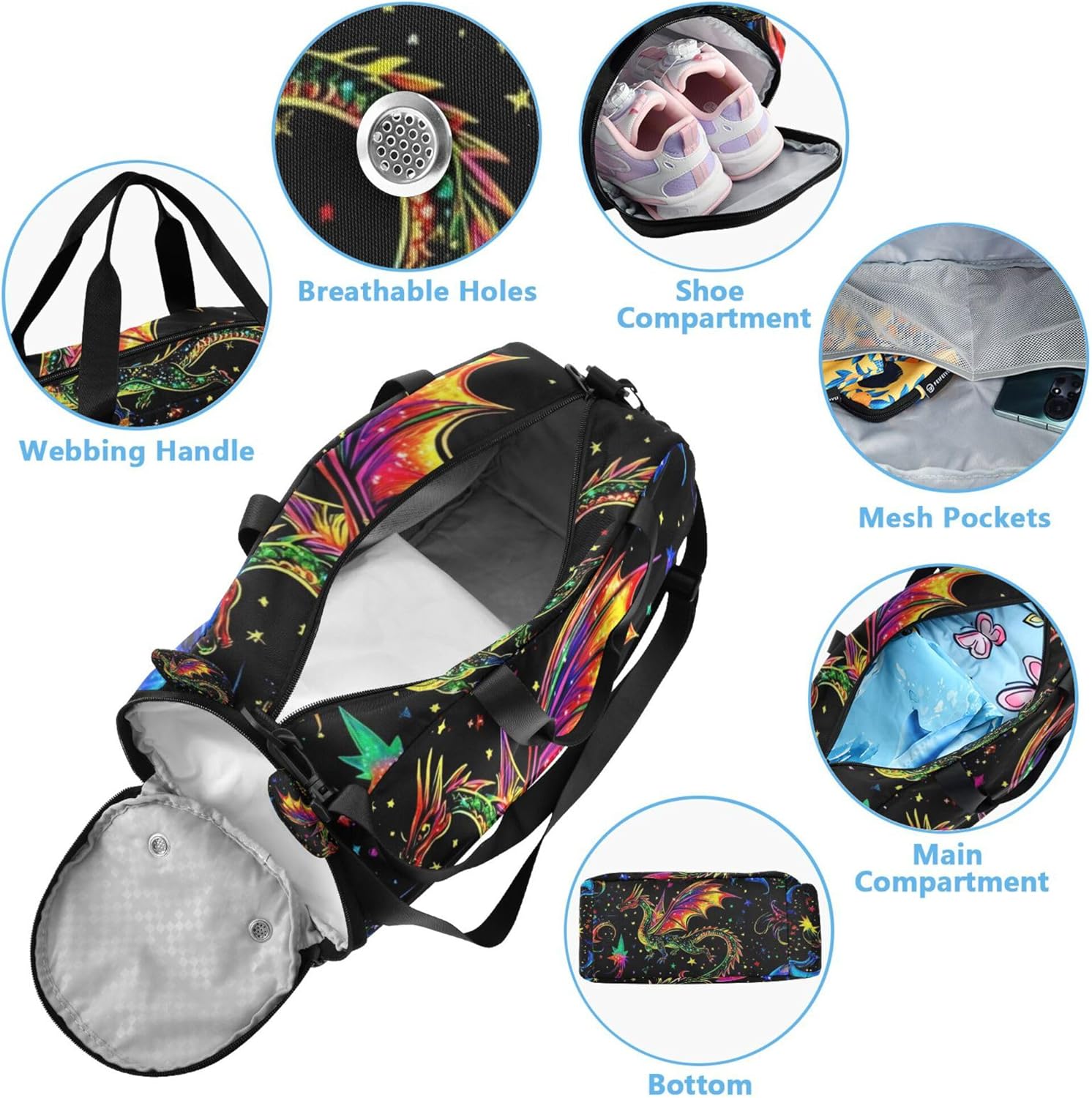 Dragons and Stars Magic Sports Duffle Bag for Teens Girls Boys, Gym Bag with Shoe Compartment, Kids Travel Overnight Weekender Shoulder Bag