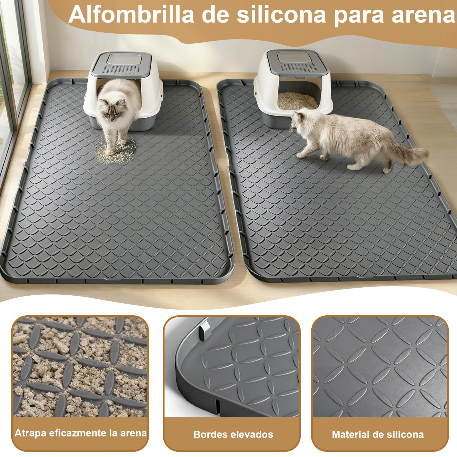 Pack de 2 Alfombrillas Arenero Gato en Silicona 86×55 cm – Impermeables, Antideslizantes, Atrapan la Arena, Fáciles de Limpiar – Ideales para Hogares con Múltiples Gatos, Gris