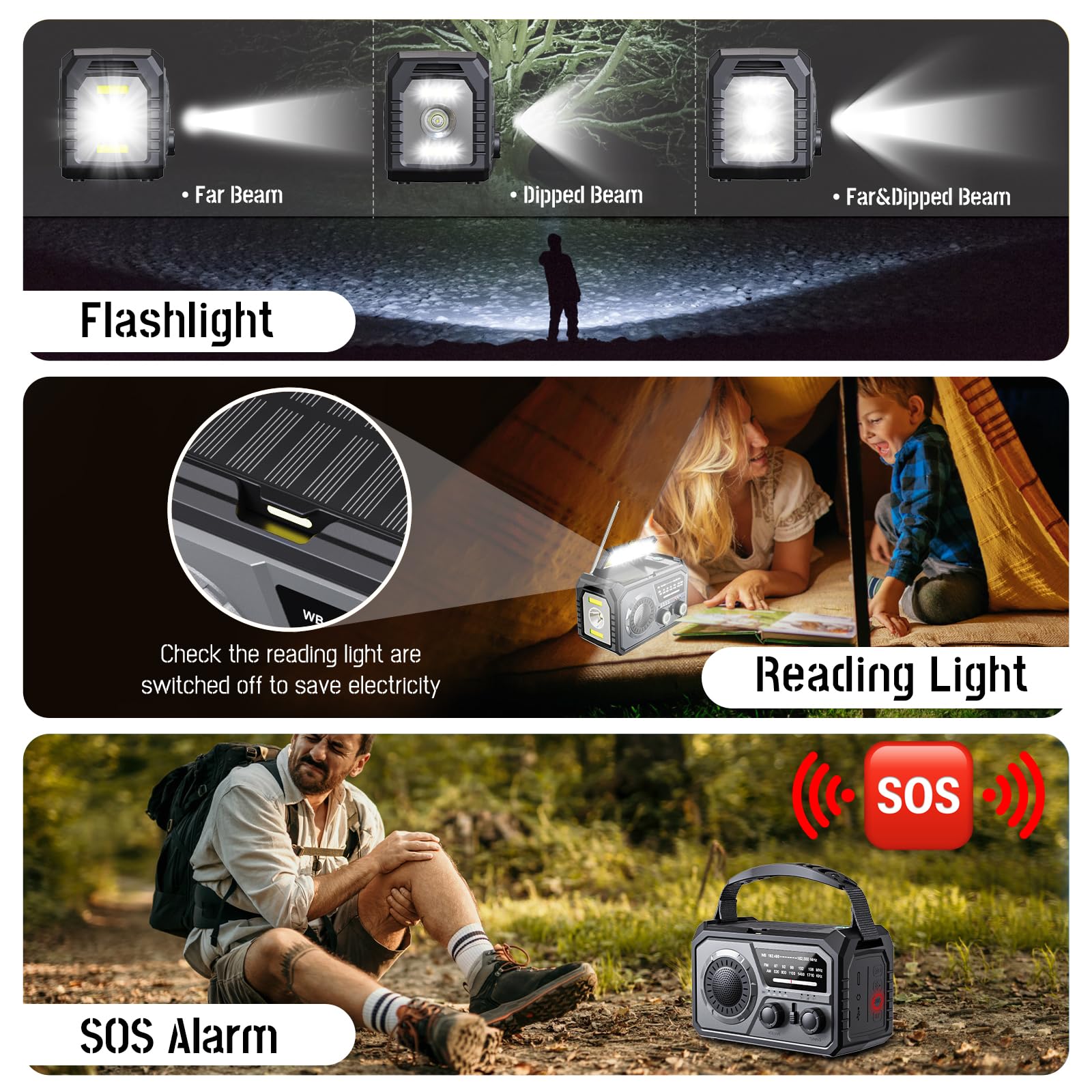 Radio a manovella di emergenza 16000 mAh AM/FM con torcia LED, radio solare, radio meteorologica portatile, caricatore di emergenza per famiglia, campeggio all'aperto