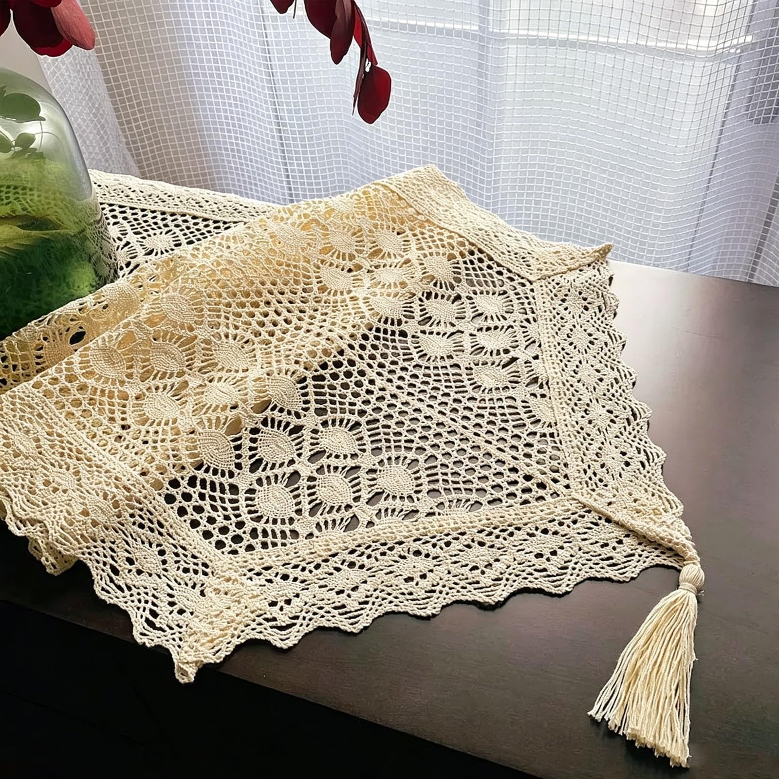 Crochet Hollow Lace Table Runner With Hanging Tassel, Vintage Country Cotton Thread Decor Table Runner For Dining Table, Cabinet, TV Stand(Beige,180cm/70.8in)