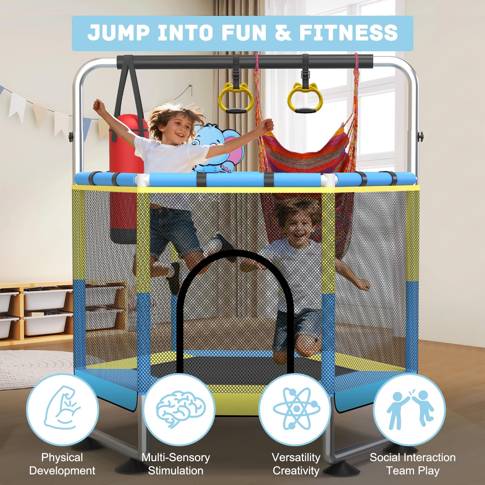 Trampolin Kinder, 150cm Kinder Trampolin Outdoor/Indoor, 200 kg mit Sicherheitsnetz, verbesserte Ringbeine mit Verstellbarer Turnstange, Geschenke für im Alter von 1 bis 8 Jahren