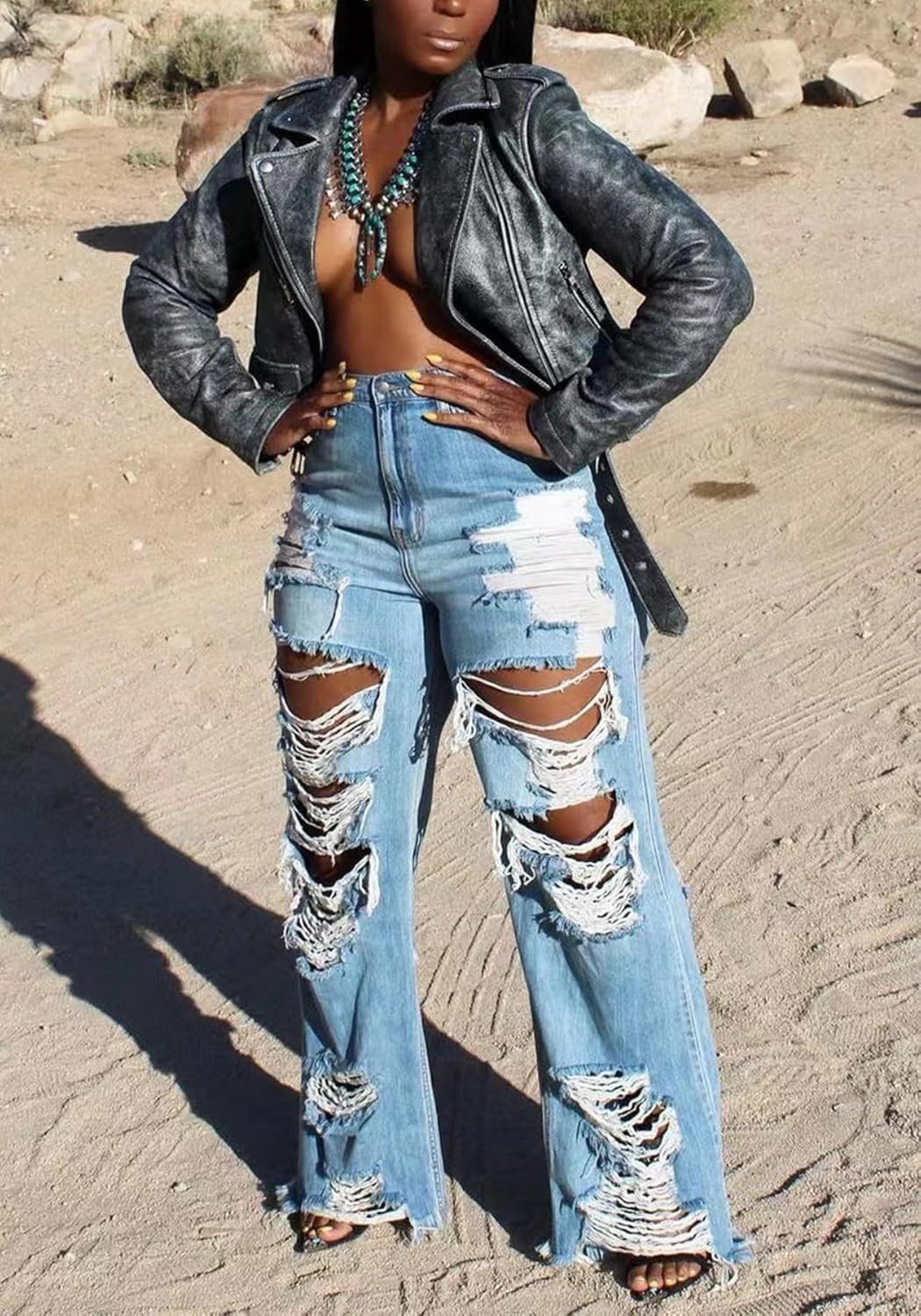 SHINFY Women's Ripped Jeans Distressed Cutout High Waisted Baggy Straight Wide Leg Y2K Denim Pants - Image 4