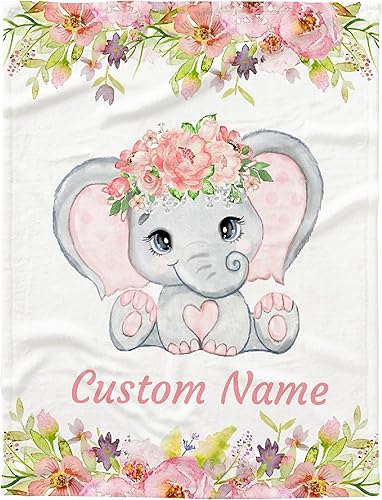 Manta de bebé personalizada con nombre, diseño de elefante, flor rosa, manta de forro polar personalizada para niñas, niños, baby shower, regalo de