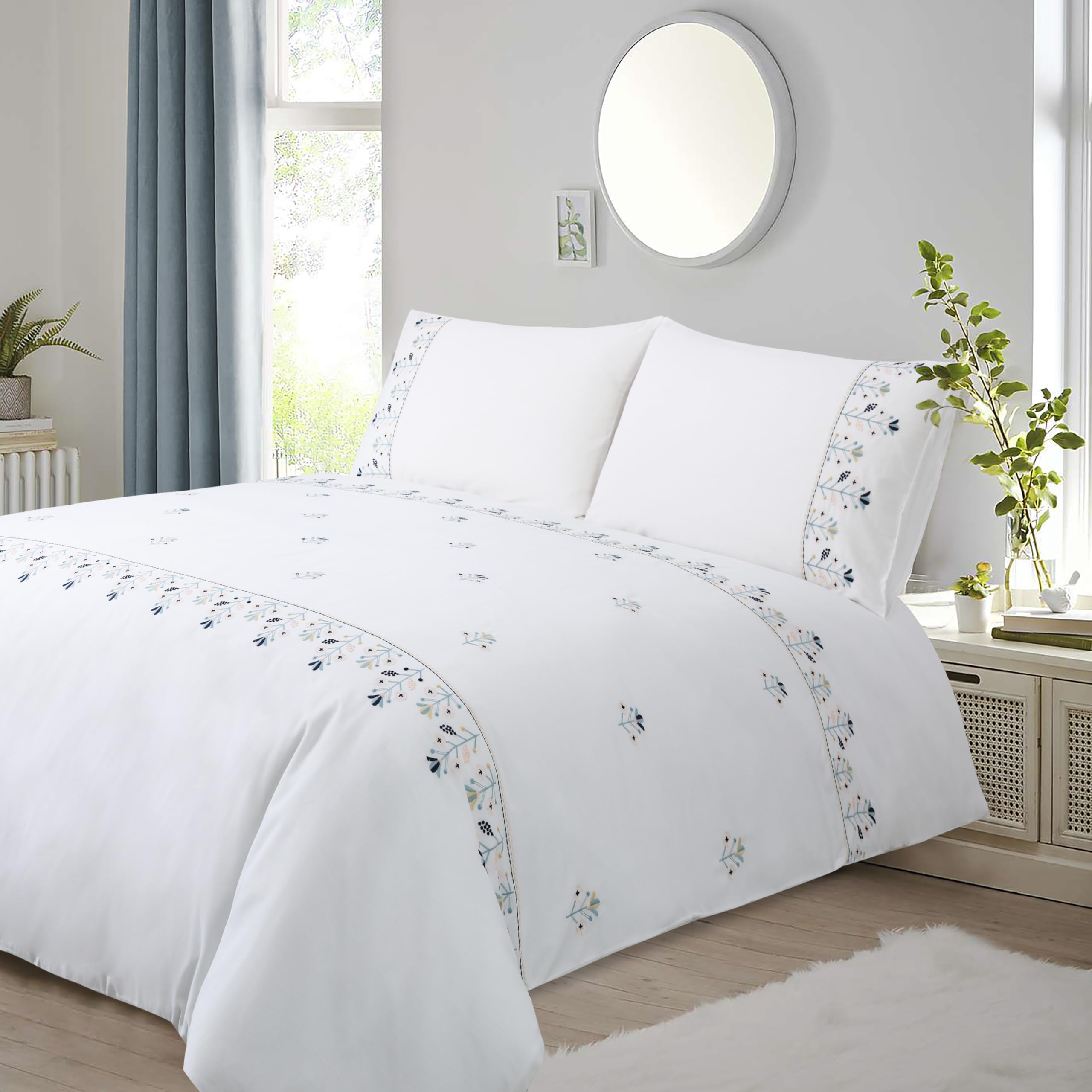 YINFUNG Double Duvet Cover White Bedding Floral Embroidered Cute Bedding Cotton Double Quilt Cover Flower Soft Breathable with 2 Pillowcases (White, Double 200X200 Cm)