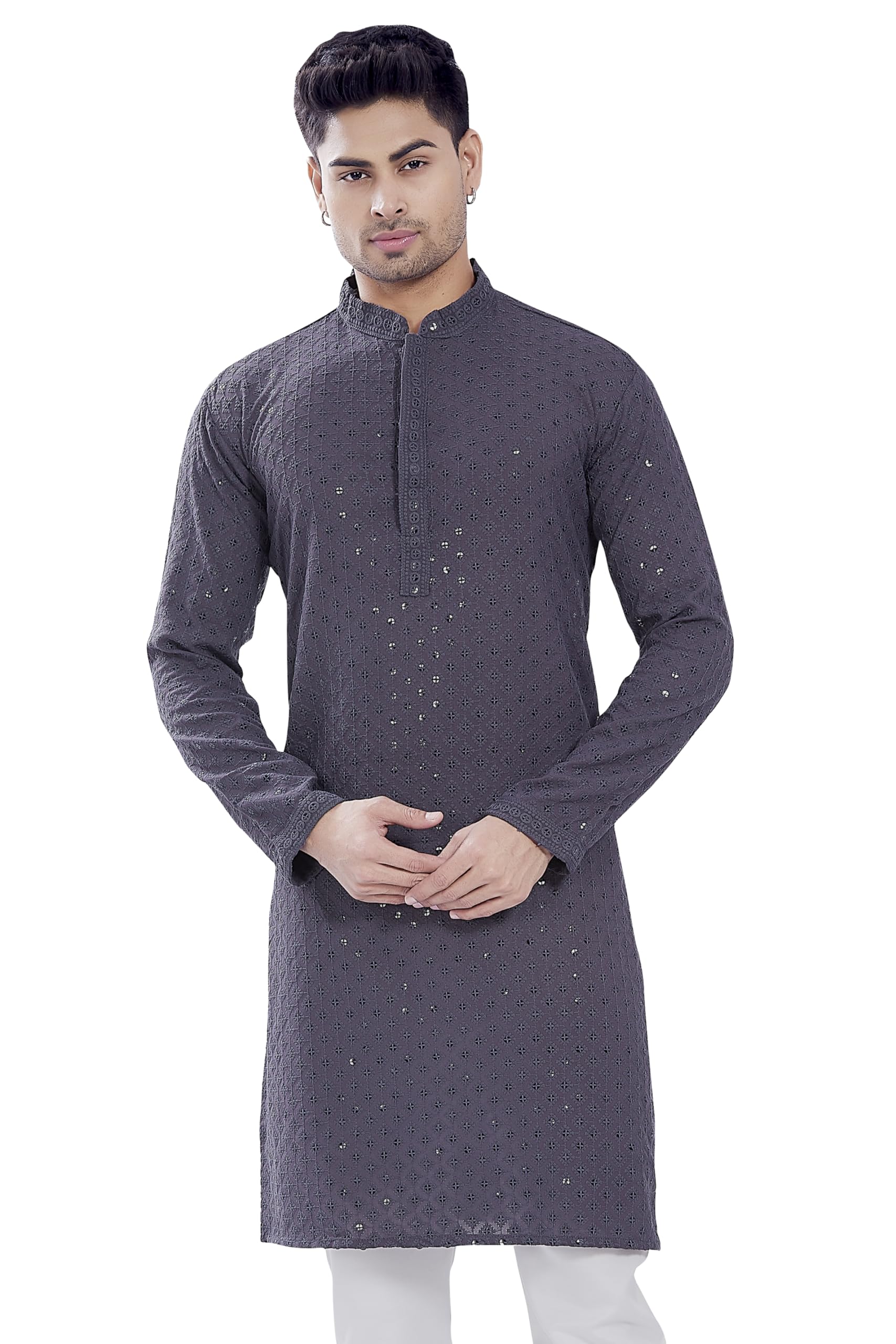 Divisive Men's Sequince Embroidered Cotton Blend Only Slim Fit Kurta (Dkrt677_M_Grey)