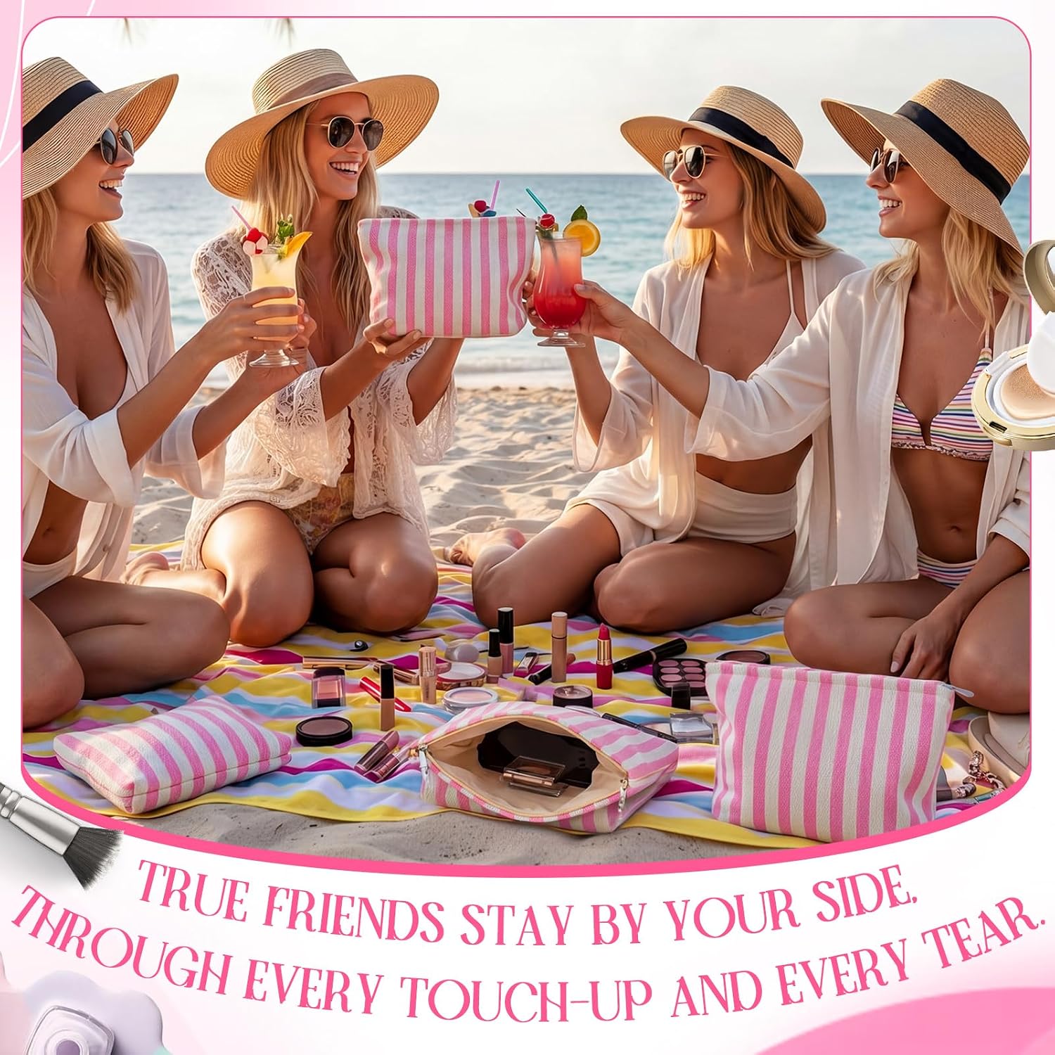 Abbylike 6 Pcs Pink Striped Makeup Bag Canvas Cosmetic Zipper Bag Cute Striped Toiletry Pouch Small Travel Pouch Storage Organizer for Trip Weekend Gift Friendship Vacation Bachelorette Party