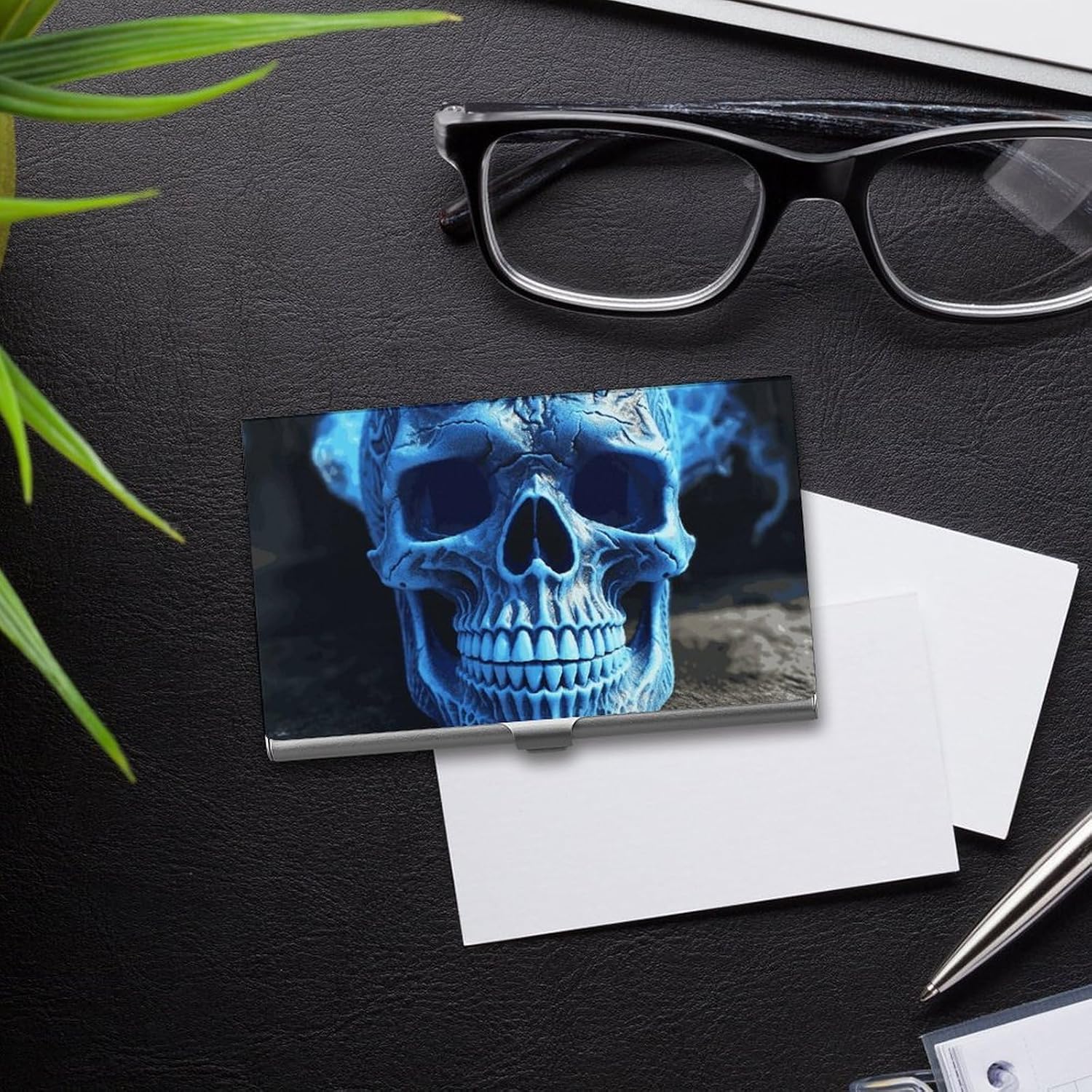 3D Print Blue Skull Business Card Case for Women Or Men Snaps Closed Portable Name Holder Credit Card Holder for Business Meeting Use