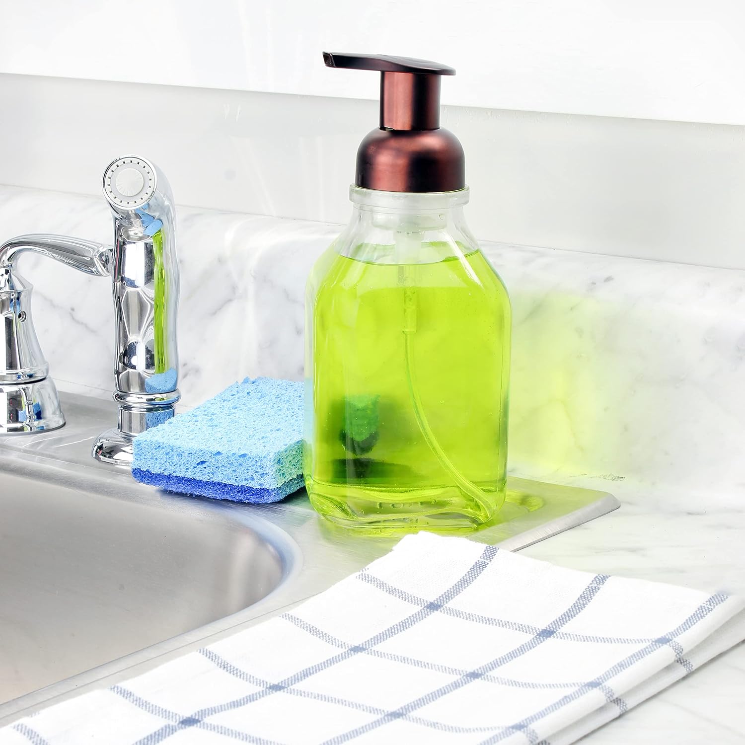 Cornucopia 16-Ounce Square Glass Foaming Soap Dispensers (2-Pack, Clear Bottle w/Bronze Color Pump)