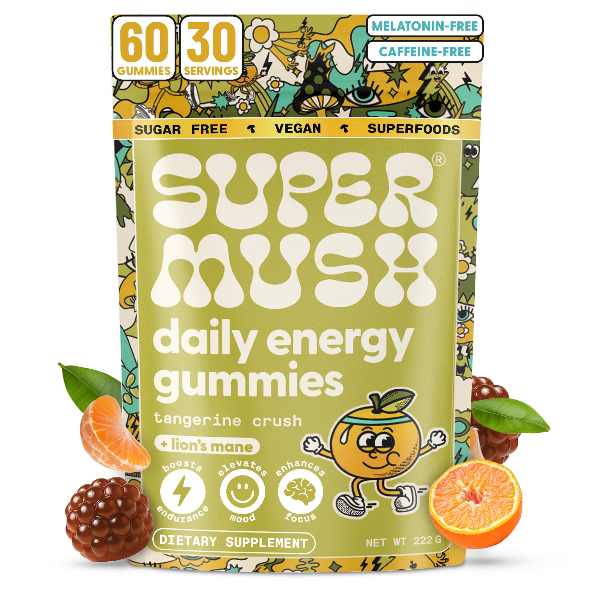 SuperMush Energy Mushroom Gummies - Organic Lions Mane Supplement with Cordyceps, Rhodiola, L-Theanine, Maca - Vegan & Sugar-Free - Energy, Focus, Stamina, Stress Reduction - 60 Gummies (30 Servings)