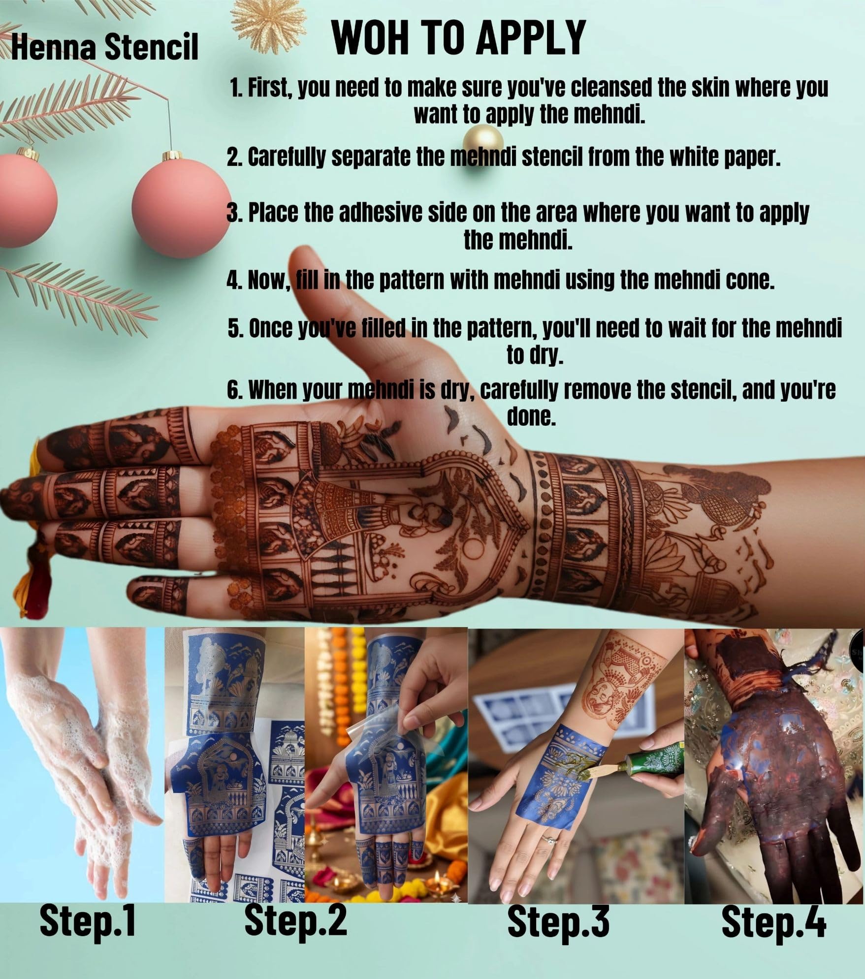 Bridal Mehndi Stencil Sticker - Blue Design -4