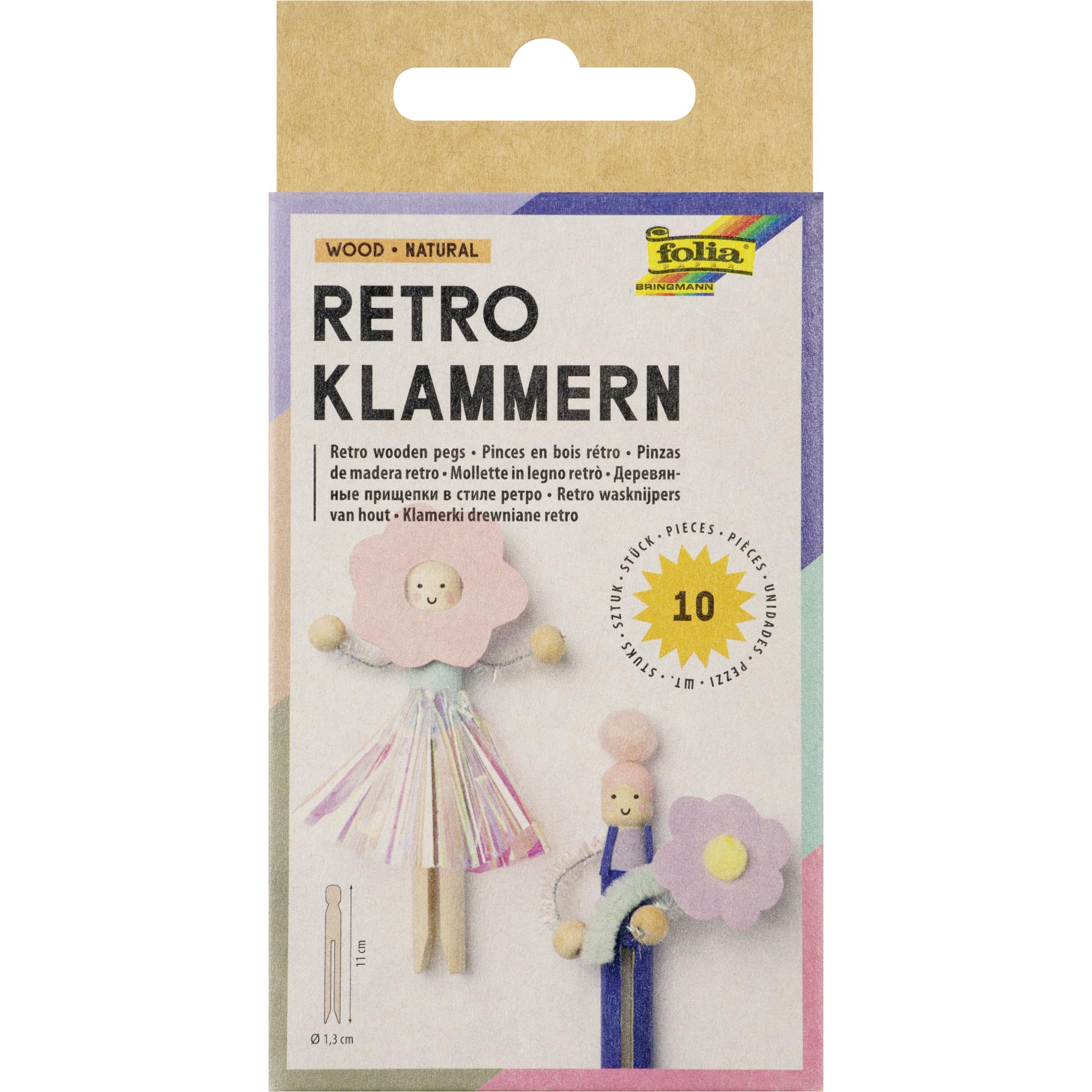 folia 2296 2296 Retro Wooden Pegs Wood Natural Look 11 cm x Diameter 1.3 cm Pack of 10 for Crafts and Designing Peg Figures Natural