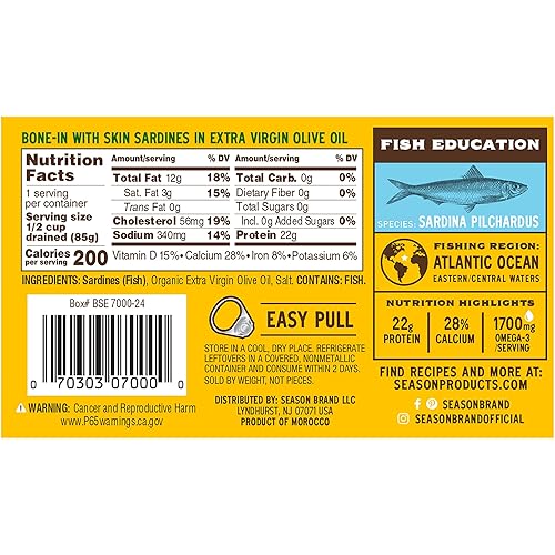 Vista 43 de Season Sardinas en aceite de oliva virgen extra, capturadas en la naturaleza, ligeramente ahumadas, 0.81 onzas de proteína, bocadillos Keto, más