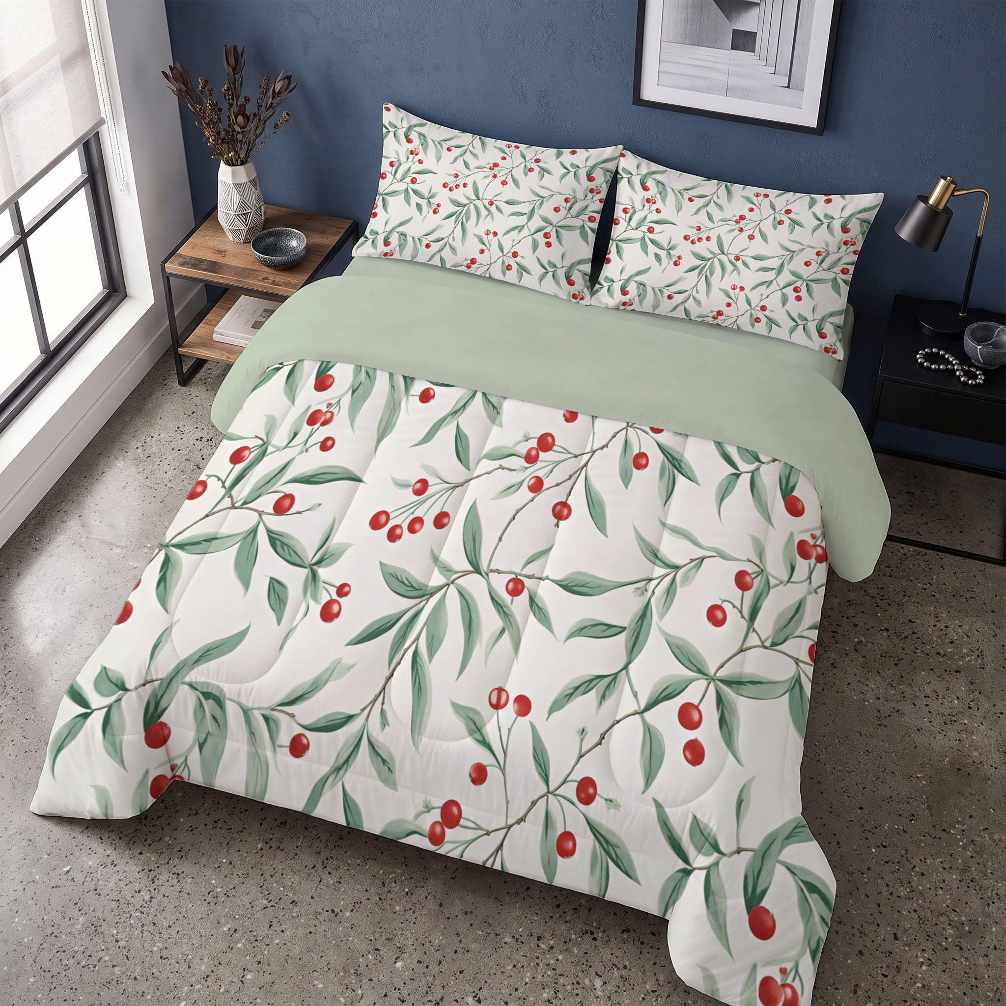 Couette Style campagnard Style Ferme 2pc Fille Tempérée pour lit 1 Personne-100% Microfibre -Enfant 4 Saisons et 240x260cm + 1 Taie d'oreiller 65x65 cm -Plantez des Baies et des Branches